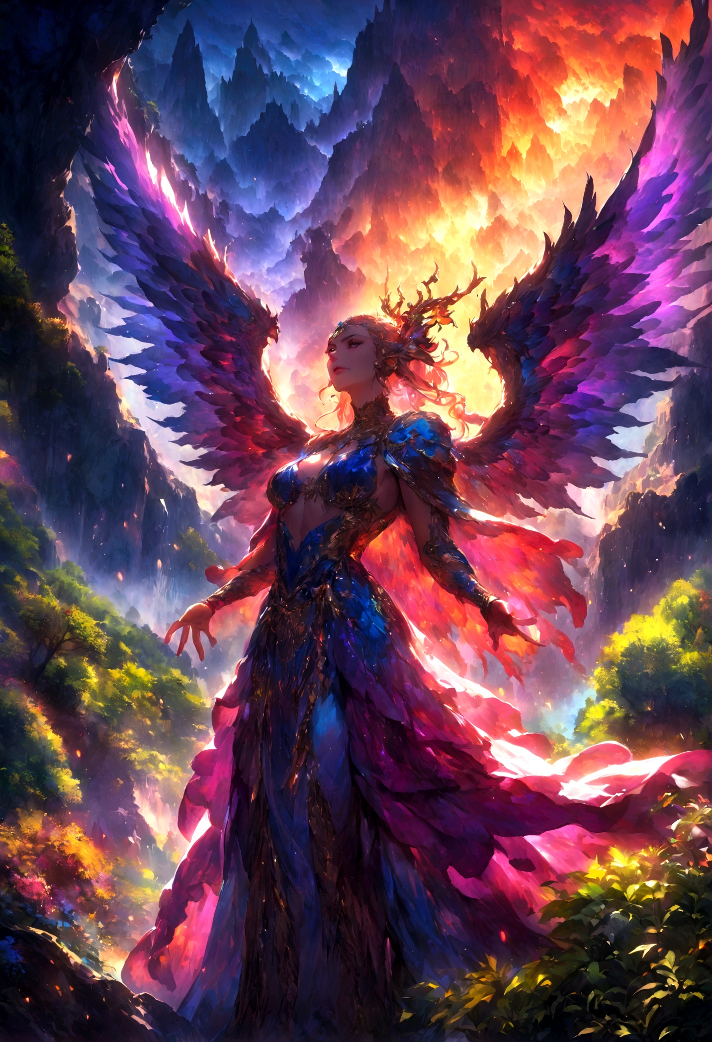 rich and colorful, Dramatic Lighting, painting, fantasy, Vibrant colors,Towering mountains, Lush forest, Smooth scales, Majestic wings, Blazing breath, Intense gaze, Active atmosphere