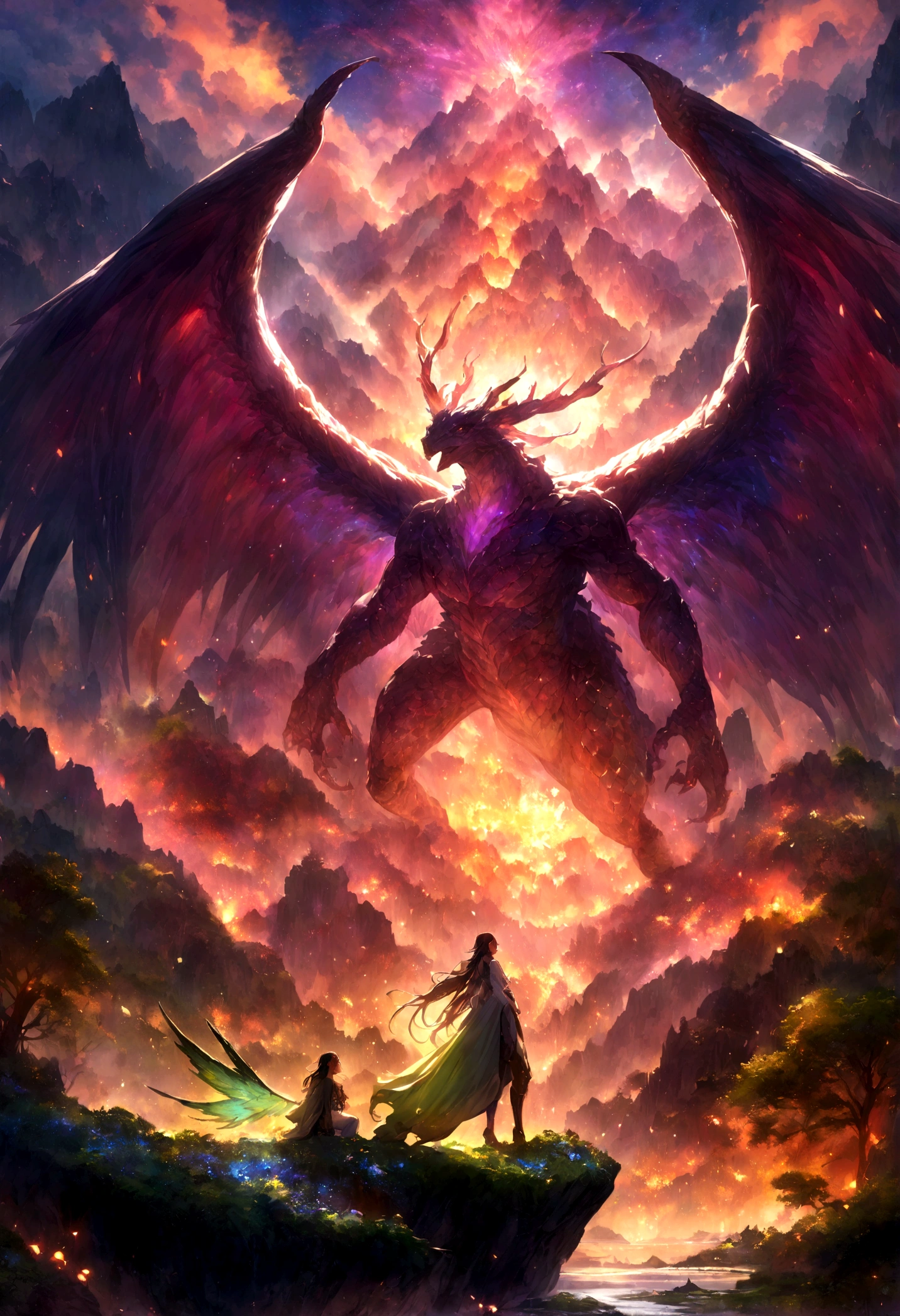 rich and colorful, Dramatic Lighting, painting, fantasy, Vibrant colors,Towering mountains, Lush forest, Smooth scales, Majestic wings, Blazing breath, Intense gaze, Active atmosphere