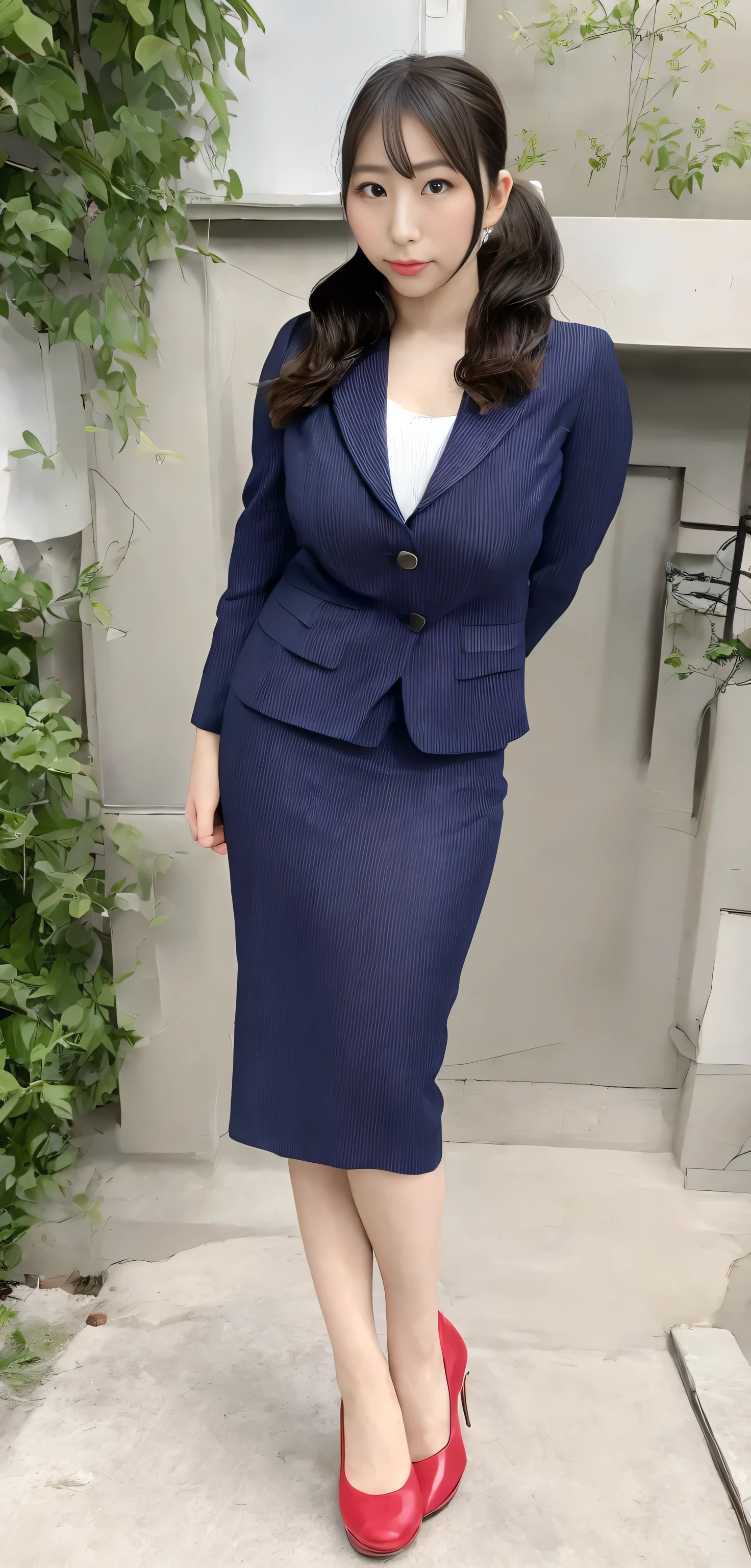 Japanese ID, Mature Woman, ((Chubby round face around 30 years old)), Wavy black hair with no bangs, Long Hair:1.65, Big twin ponytail:1.79, Flashy makeup, Fuller lips, Sexy Gaze, Cute Uniform, ((dressing)), looking at the camera, Low angle shooting, Cute duck lips,((Very accurate and correct anatomy)), (masterpiece:1.3), Perfect balance, Realistic photos, Full Shot, whole body, ((height: 148cm)), High heels, loafers, (2 Foot, Two Arms), ((Panty shot)),Big Breasts:1.5