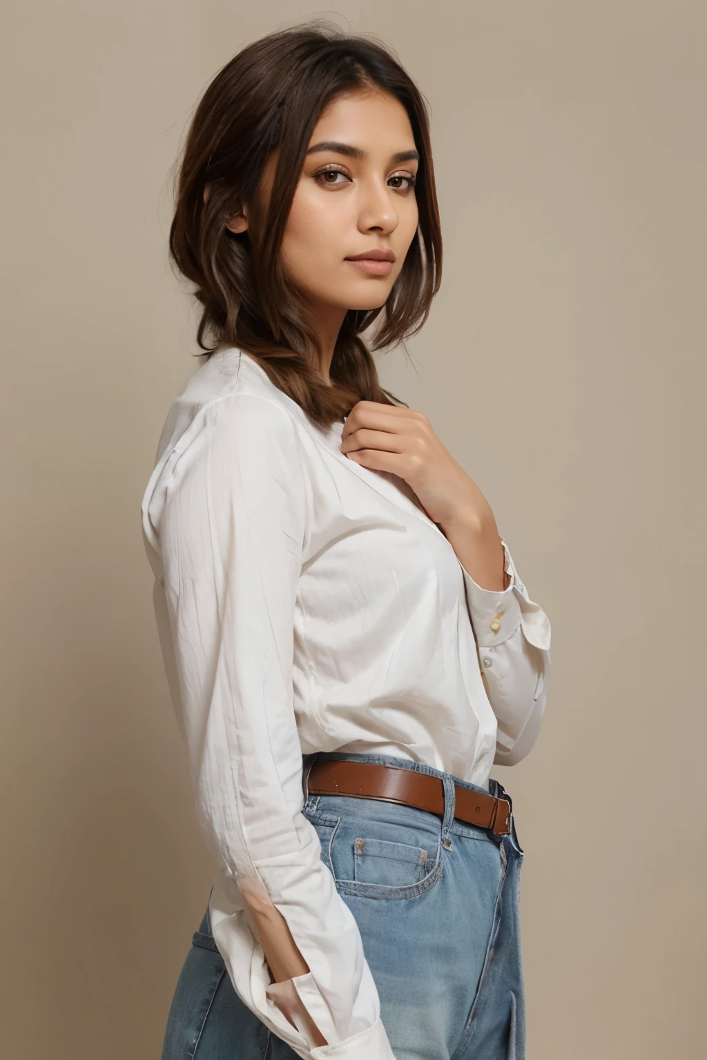 A photographic style of a indian woman with trendy hair color, ash color, brown mix, lavender color, milk tea beige, wearing fashionable Western clothing, plain background. Bright highlights, pastel colors, hd quality, natural look