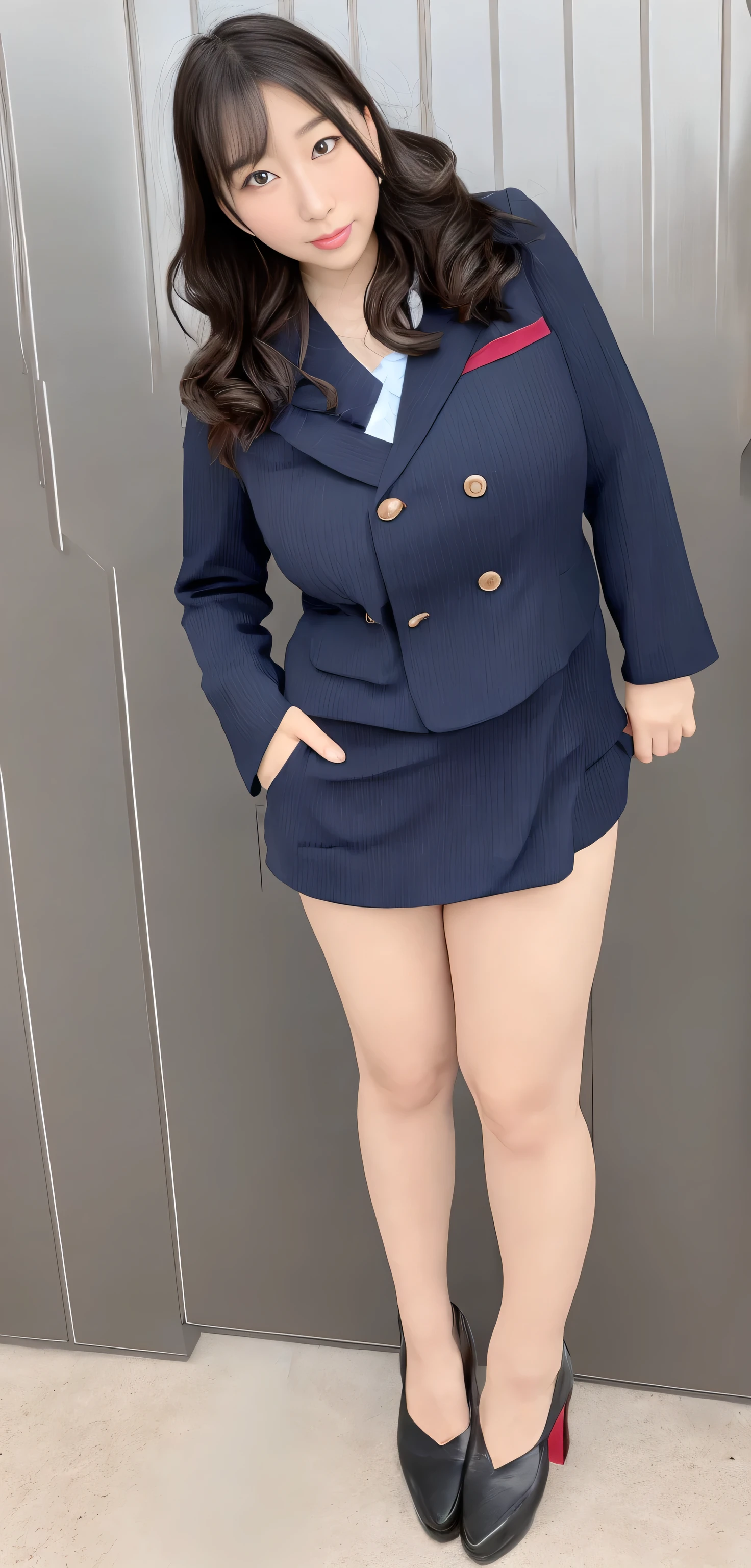 Japanese ID, Mature Woman, ((Chubby round face around 30 years old)), Wavy black hair with no bangs, Long Hair:1.65, Big twin ponytail:1.79, Flashy makeup, Fuller lips, Gaze, Cute Uniform, ((dressing)), looking at the camera, Low angle shooting, Cute duck lips,((Very accurate and correct anatomy)), (masterpiece:1.3), Perfect balance, Realistic photos, Full Shot, whole body, ((height: 148cm)), High heels, loafers, (2 Foot, Two Arms), ((Panty shot)),Big Breasts:1.5