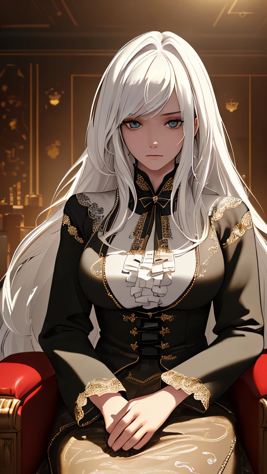 ((best quality)), ((masterpiece)), (detailed), perfect face, white hair, long hair, messy hair, cinematic lighting, cowboy shot, high details, best quality, super detail, highres, masterpiece, A beautiful woman sits in the VIP seat, party at the state guest house