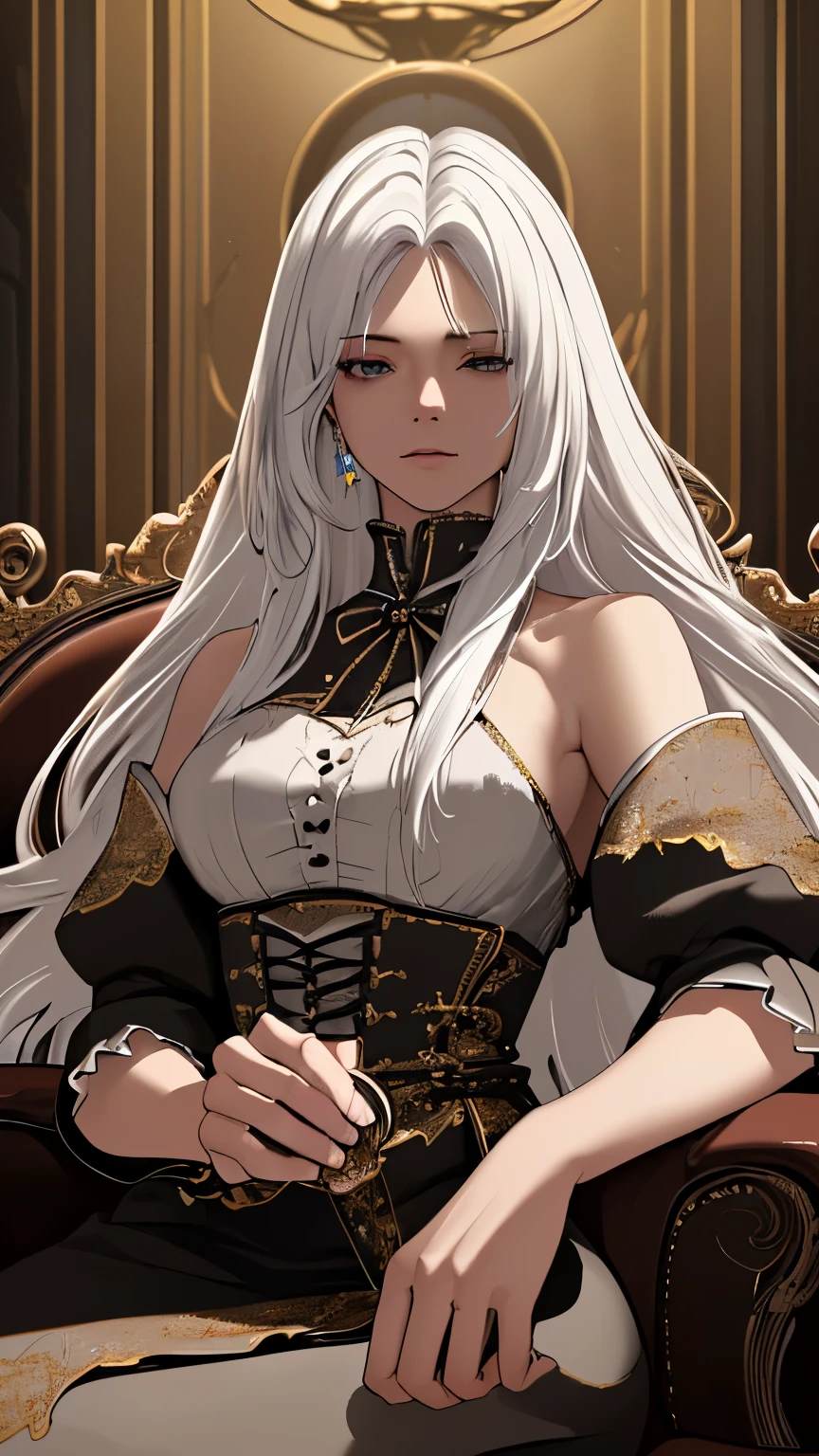 ((best quality)), ((masterpiece)), (detailed), perfect face, white hair, long hair, messy hair, cinematic lighting, cowboy shot, high details, best quality, super detail, highres, masterpiece, A beautiful woman sits in the VIP seat, party at the state guest house