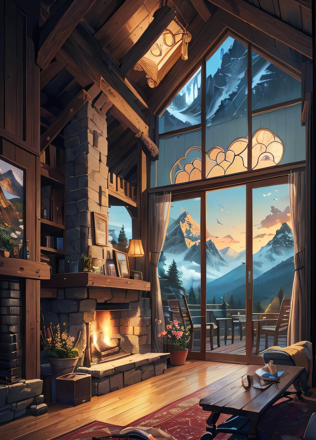 Living room picture illustration with fireplace and mountain view, Comfortable wallpaper, cozy place, Detailed 2D illustrations, Warm home background, comfortable environment, Stunning art style, Illustration style, Landscape Artwork, Detailed digital illustrations, Relaxation concept art, 8k high quality detailed art, Beautiful and detailed scenes, Detailed digital painting, Detailed digital artwork, Just a joke