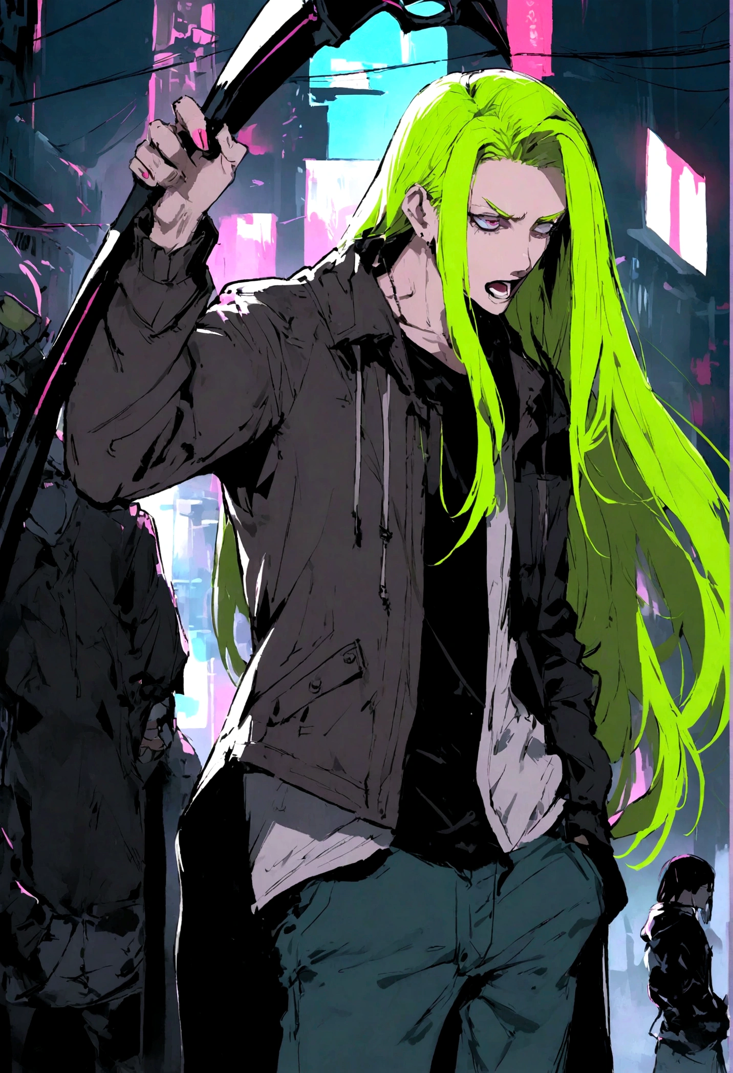 long hair,male, Scythe, Secret Two Tone, cyberpunk, Casual, Madness