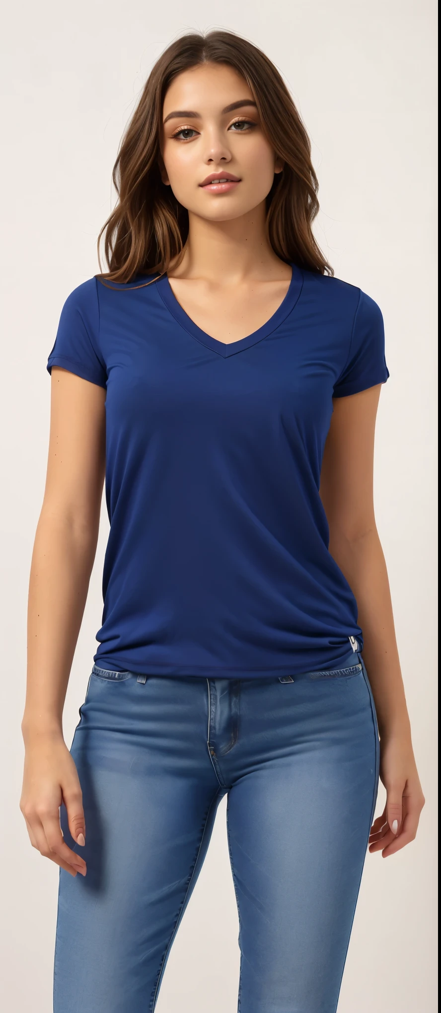 uma mulher vestindo uma camisa azul com decote em V e jeans, camiseta azul apertada, usando blusa com decote em V, azul escuro shirt, azul-marinho, camisa de malha, Camisa da Marinha, camisa azul, Manga curta, azul-marinho, azul escuro, camisa apertada, wearing camisa apertada, marinho fosco - body azul, camiseta, top decotado