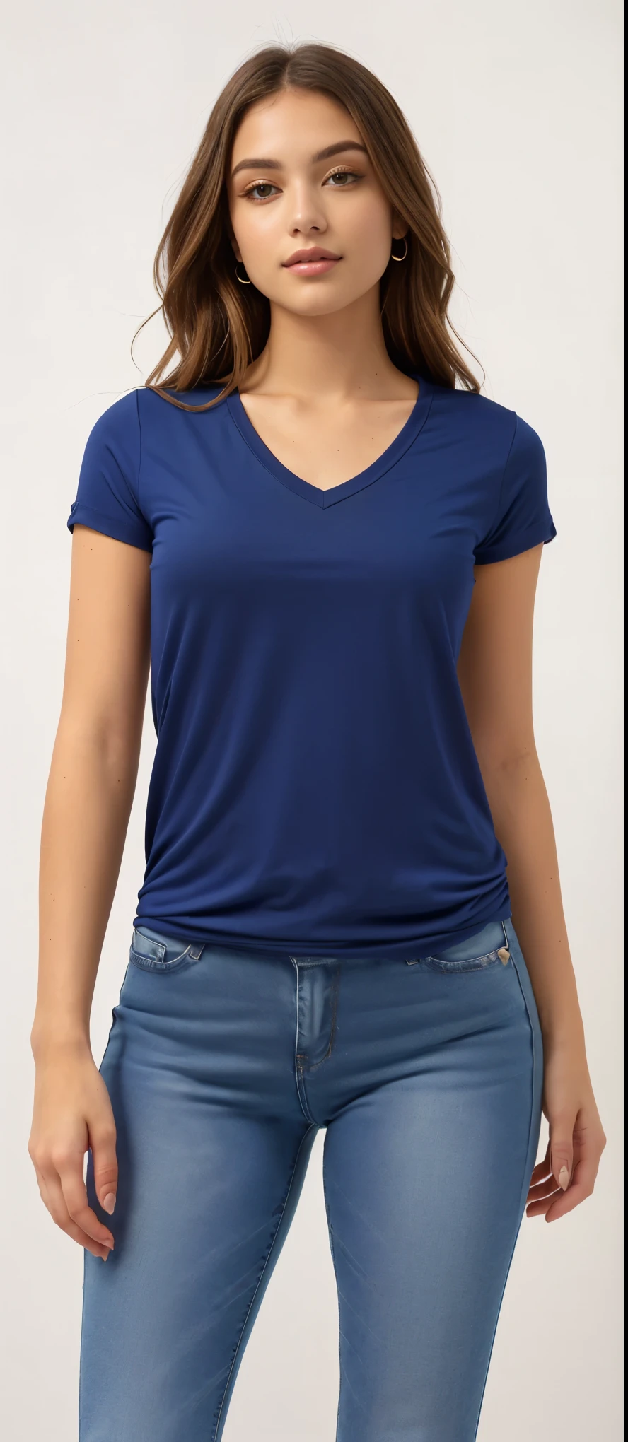 uma mulher vestindo uma camisa azul com decote em V e jeans, camiseta azul apertada, usando blusa com decote em V, azul escuro shirt, azul-marinho, camisa de malha, Camisa da Marinha, camisa azul, Manga curta, azul-marinho, azul escuro, camisa apertada, wearing camisa apertada, marinho fosco - body azul, camiseta, top decotado