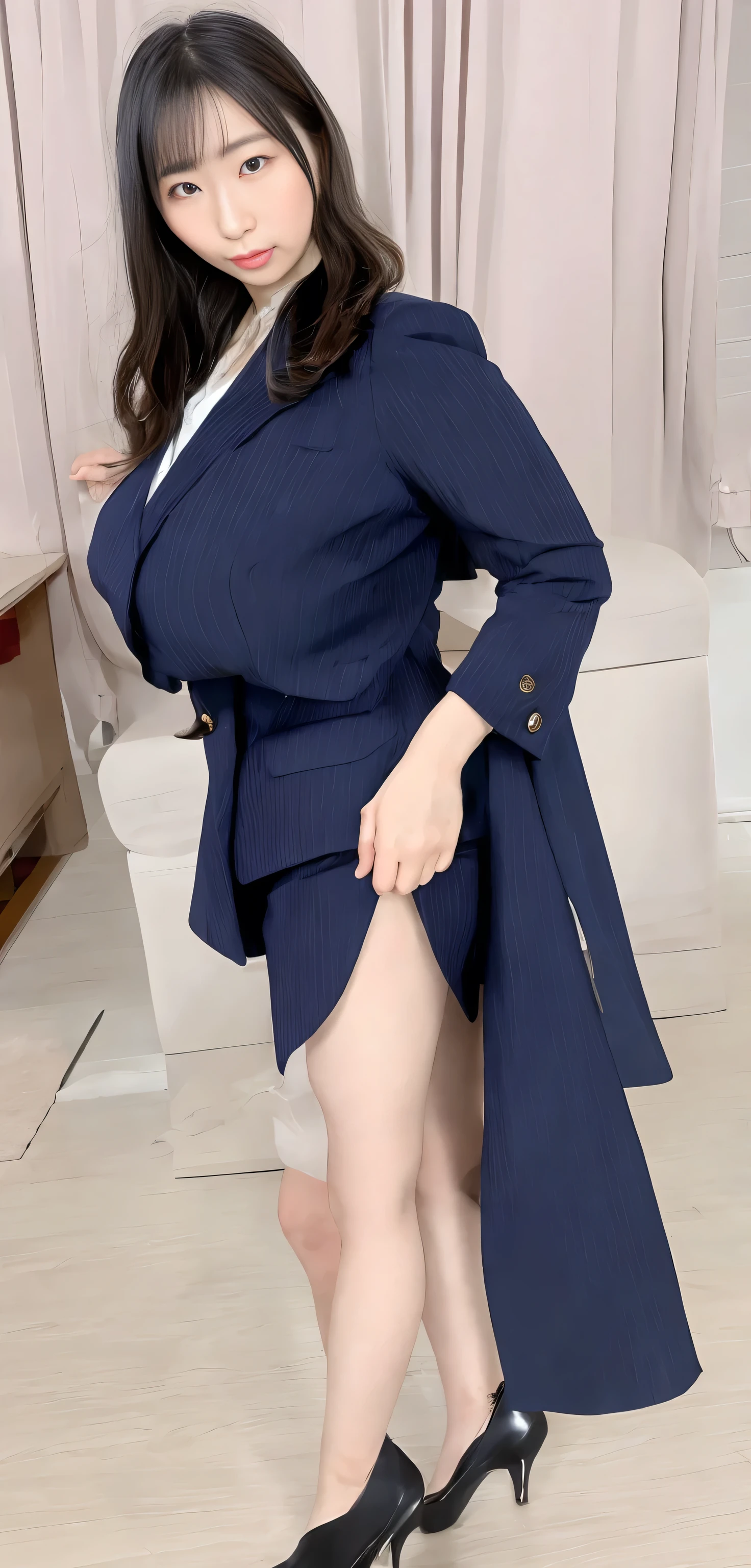 Japanese ID, Mature Woman, ((Chubby round face around 30 years old)), Glasses, Wavy black hair with no bangs, Long Hair:1.65, Big twin ponytail:1.79, Flashy makeup, Fuller lips, Sexy Gaze, Cute Uniform, ((dressing)), looking at the camera, Low angle shooting, Cute duck lips,((Very accurate and correct anatomy)), (masterpiece:1.3), Perfect balance, Realistic photos, Full Shot, whole body, ((height: 148cm)), High heels, loafers, (2 Foot, Two Arms), ((Panty shot)),Big Breasts:1.5
