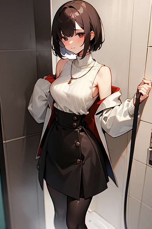 Brown short bob、White sweater、wearing a black jacket、Flared sleeves、Tight Skirt、Black Stockings、necklace、Small shower room、Disheveled clothes、Your cheeks are red、Large Breasts、Curved waist、slender、Beautiful clavicle