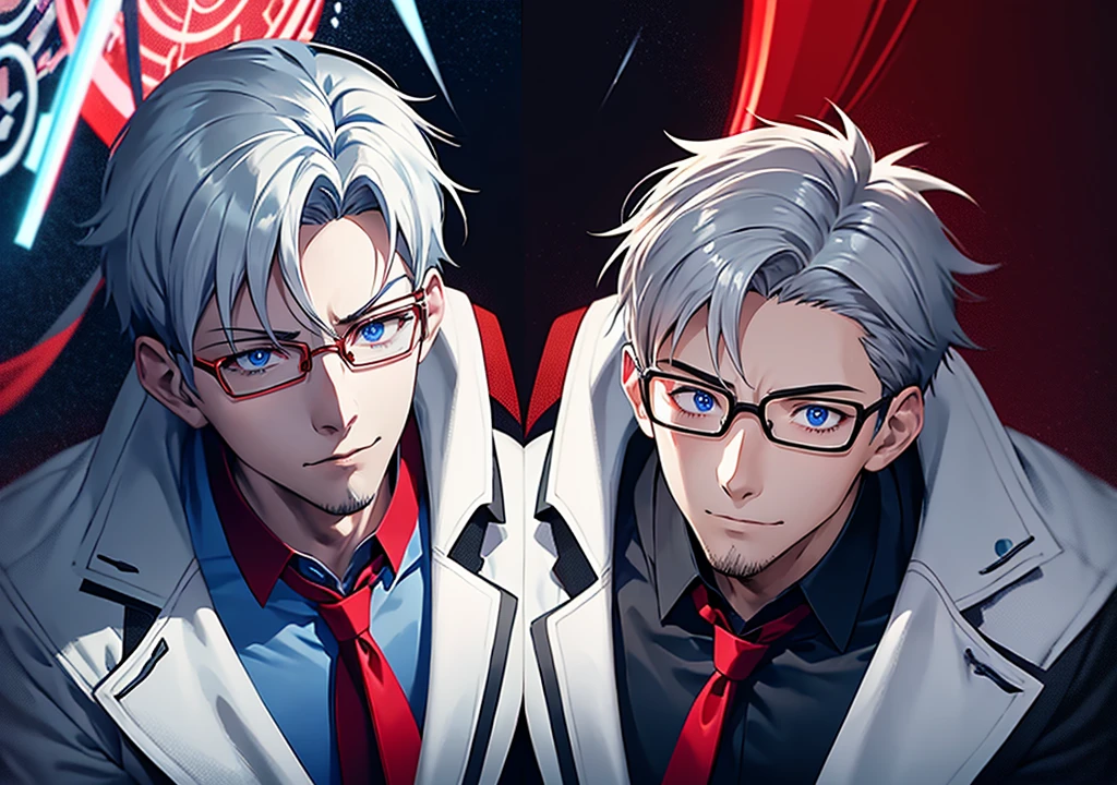 anime style 1 mid 20's male scientist with a (psychotic smile) (slightly muscular) (has a crazy face) (dark laborayory background) (looking at the light) mad scientist, glasses, red tie, company badge hanging from his white coat, psychopath,. evangelion, white hair, blue eyes.
