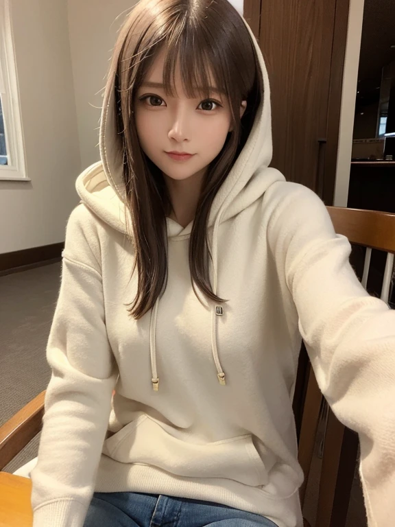 masterpiece, highest quality, High resolution,alone,Brown,artistic,Best lighting,Casual clothing,Flat Chest,Beautiful Face,expensive,smile,light makeup,Age 26,Calm woman,Detailed Hair,Laughing woman,Face Focus,Bob Cut Hair,Very white skin,Thin eyebrows,Woman sitting on chair,indoor,Woman wearing a hoodie