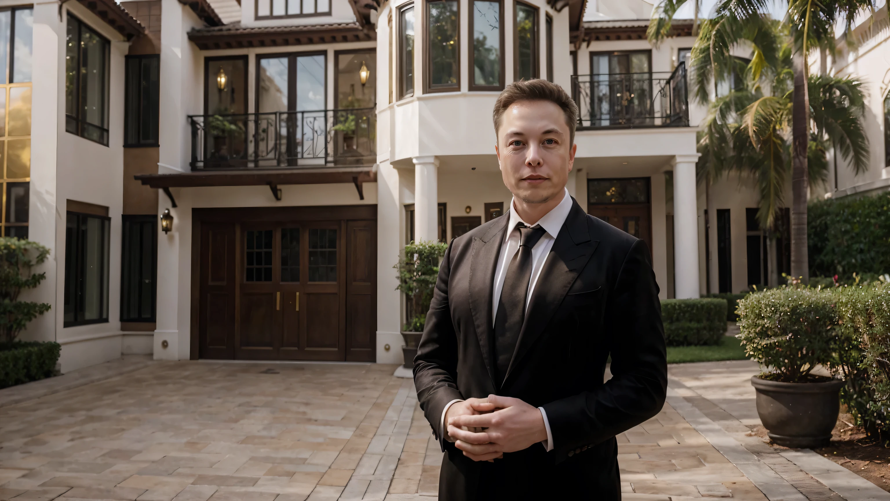 Elon Musk, A detailed and realistic image of a stranger in a suit, in front of a millionaire mansion filled with gold, ultra-realistic image, hyper-detailed realistic skin, Look for an ultra-realistic image.