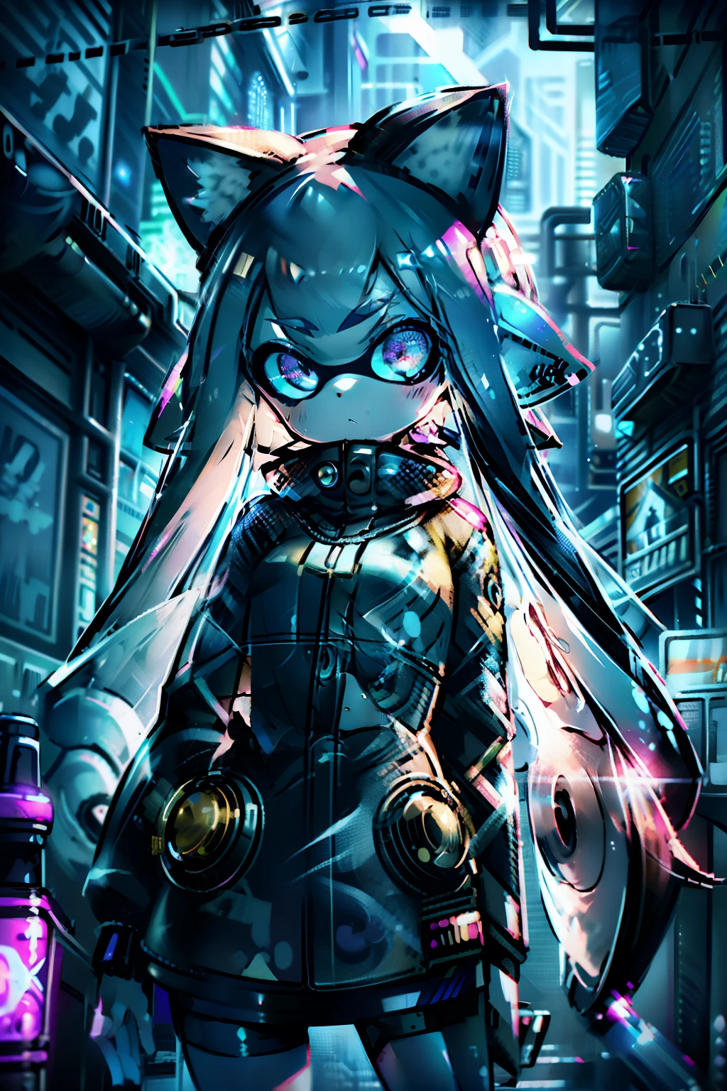woman,adult,Big eyes,Shining Eyes,Clear eyes,Combat Uniform,Intricately designed neon,Long Hair,Neon Street,night,Starry Sky,splatoon,Inkling,masterpiece, highest quality, figure, Very high quality, high resolution,Neon Highlights,Cat ear