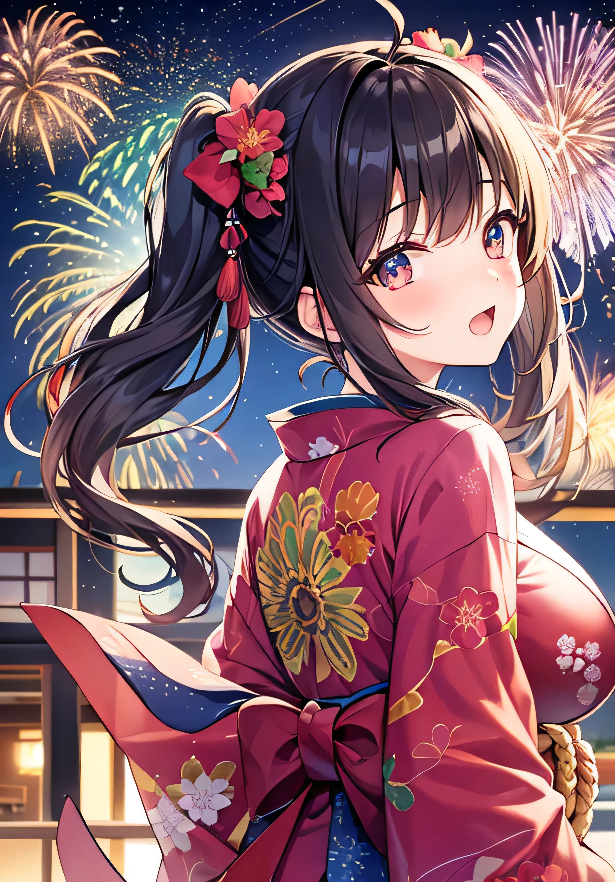 masterpiece、Highest quality、Ultra-high resolution、 girl with big breasts、twin tail hairstyle、black hair、Red face、shyly、open your mouth just a little、kimono、Fireworks、at night time