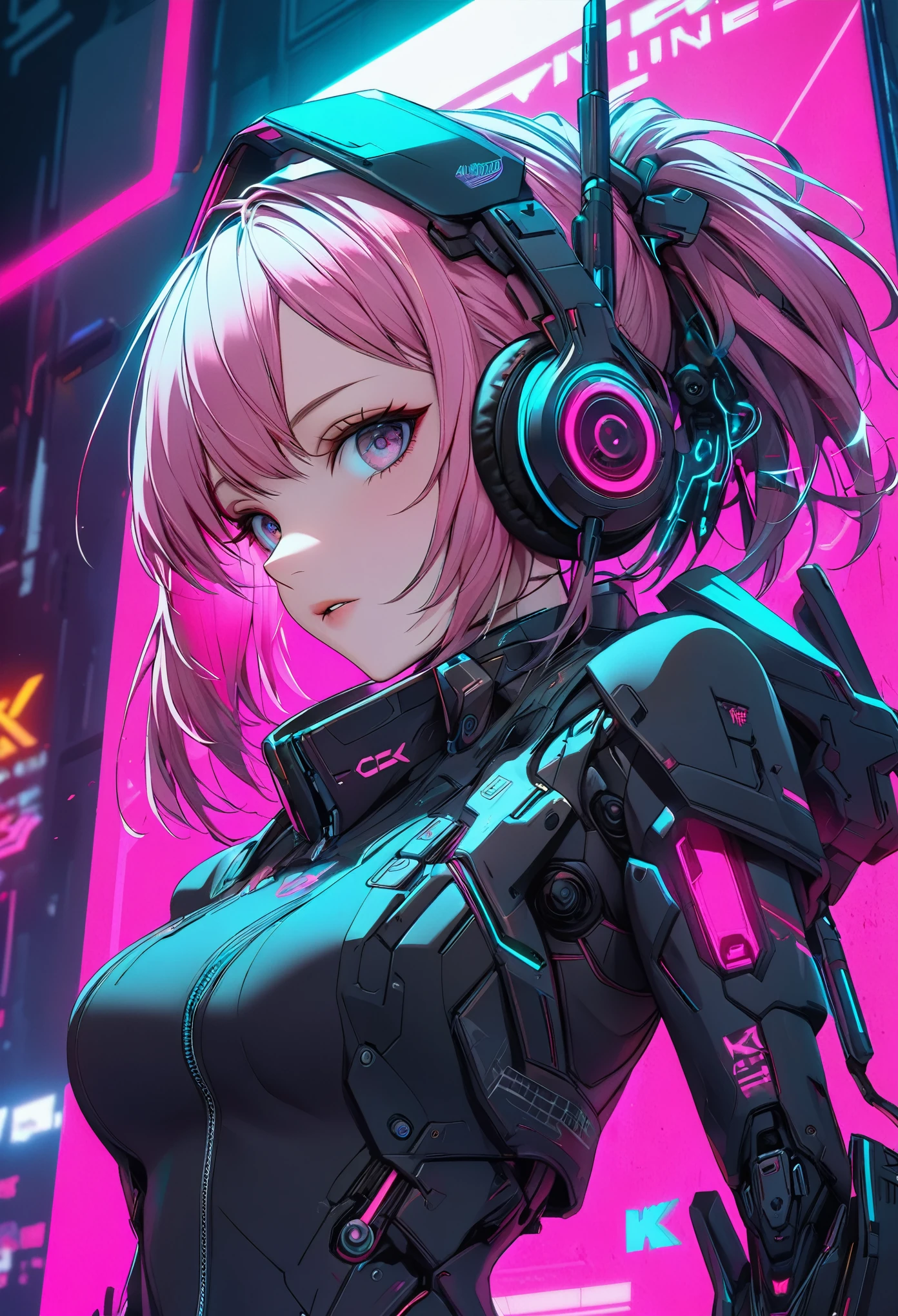 anime girl with pink hair and headphones in front of a neon background, cyberpunk anime girl, best anime 4k konachan wallpaper, digital cyberpunk anime art, anime cyberpunk art, digital cyberpunk - anime art, female cyberpunk anime girl, cyberpunk anime girl mech, anime style 4 k, perfect android girl, cyberpunk anime art, modern cyberpunk anime, anime cyberpunk, nightcore