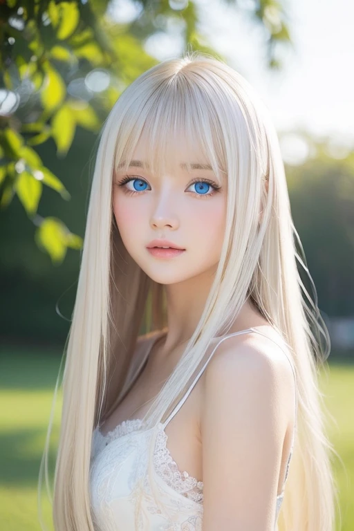 Beautiful white and shining skin、Blonde hair color changes depending on the light、Long bangs obstruct the view、Highlights of cheek luster、Sexy, very beautiful, lovely, cute, gorgeous face、The most beautiful face in the world、Super long and gorgeous white hair、Smooth straight hair、big, glowing bright blue eyes、Beautiful Bangs、Beautiful cute girl 20 years old