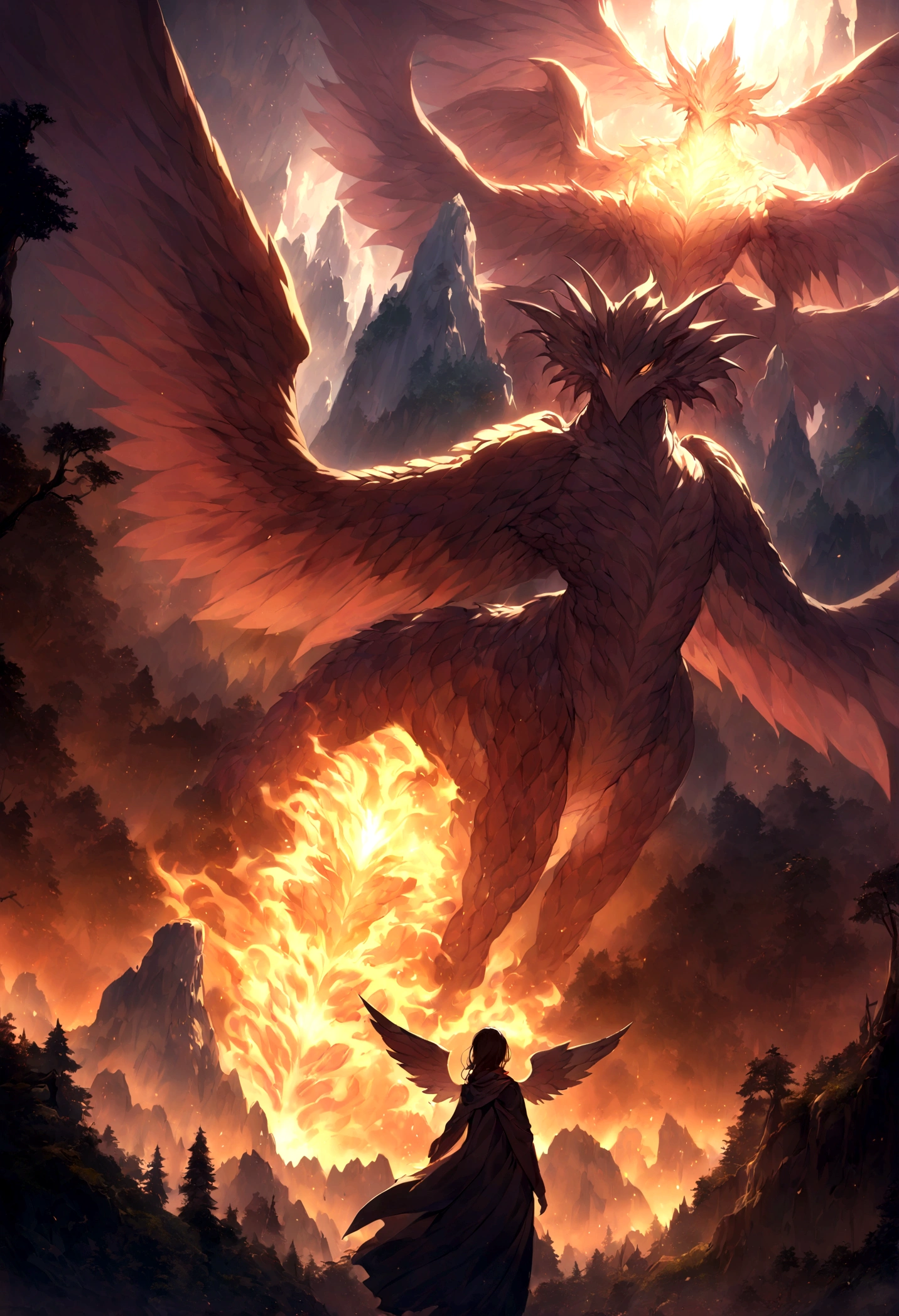 rich and colorful, Dramatic Lighting, painting, fantasy, Vibrant colors,Towering mountains, Lush forest, Smooth scales, Majestic wings, Blazing breath, Intense gaze, Active atmosphere