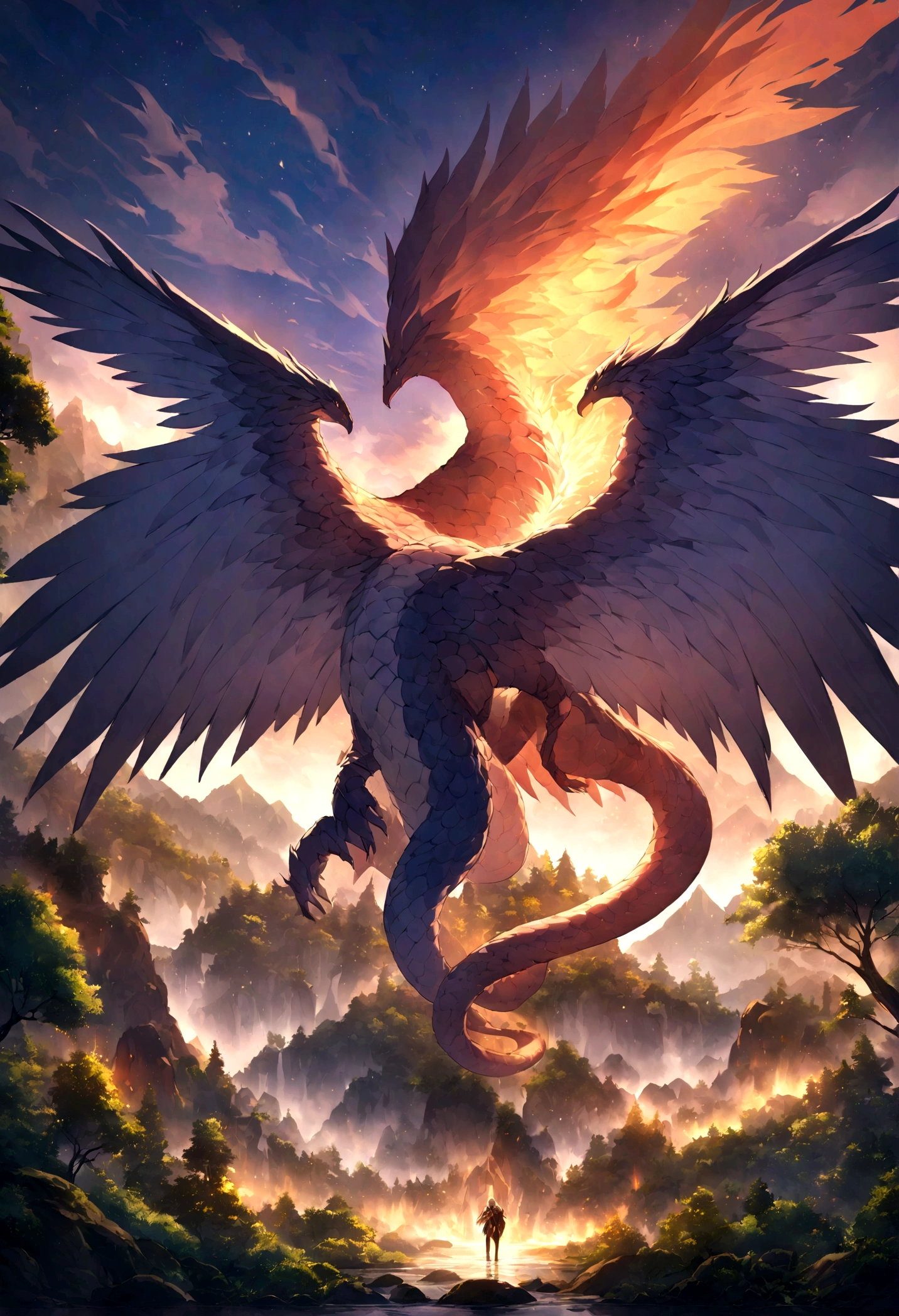 rich and colorful, Dramatic Lighting, painting, fantasy, Vibrant colors,Towering mountains, Lush forest, Smooth scales, Majestic wings, Blazing breath, Intense gaze, Active atmosphere