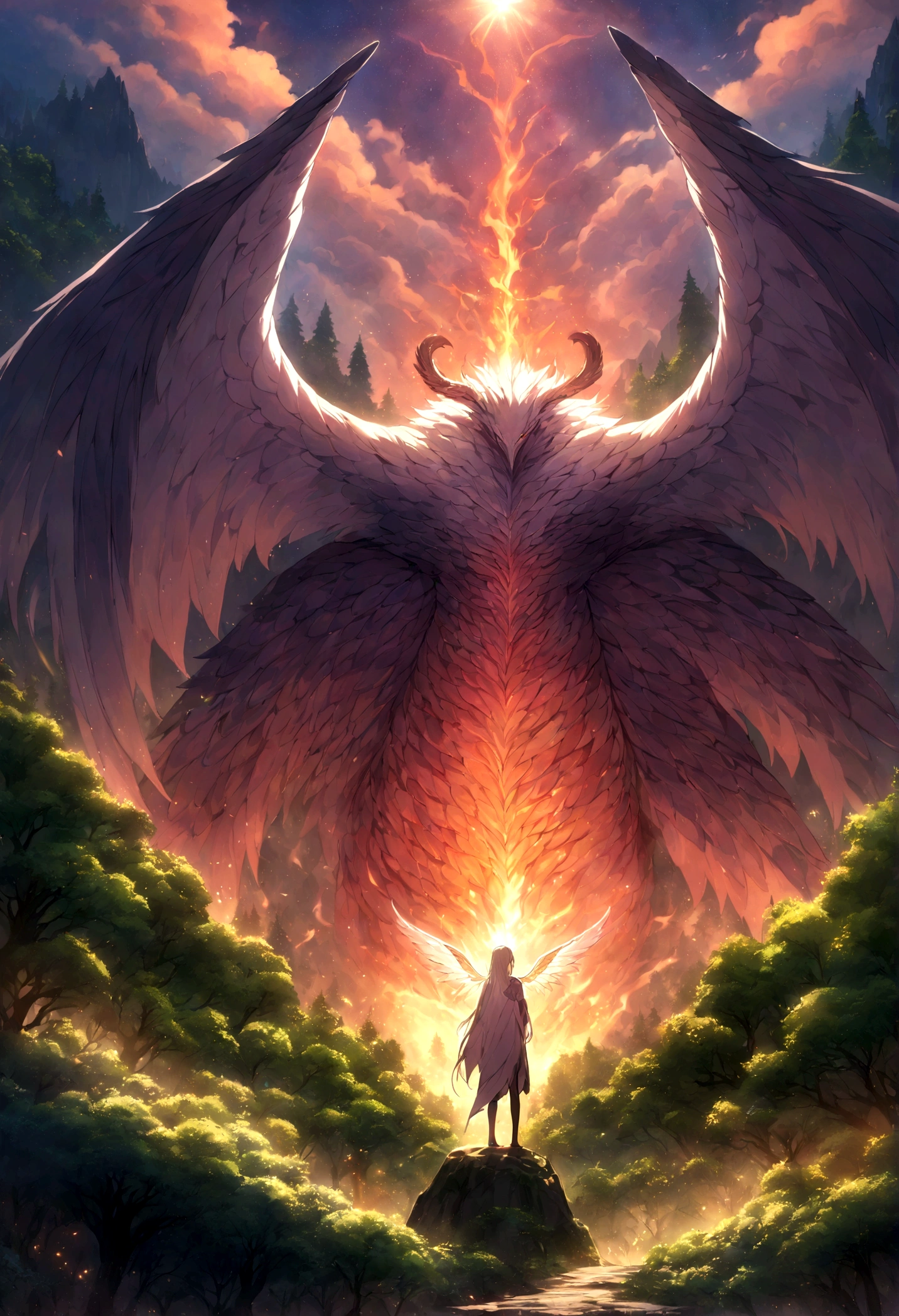 rich and colorful, Dramatic Lighting, painting, fantasy, Vibrant colors,Towering mountains, Lush forest, Smooth scales, Majestic wings, Blazing breath, Intense gaze, Active atmosphere