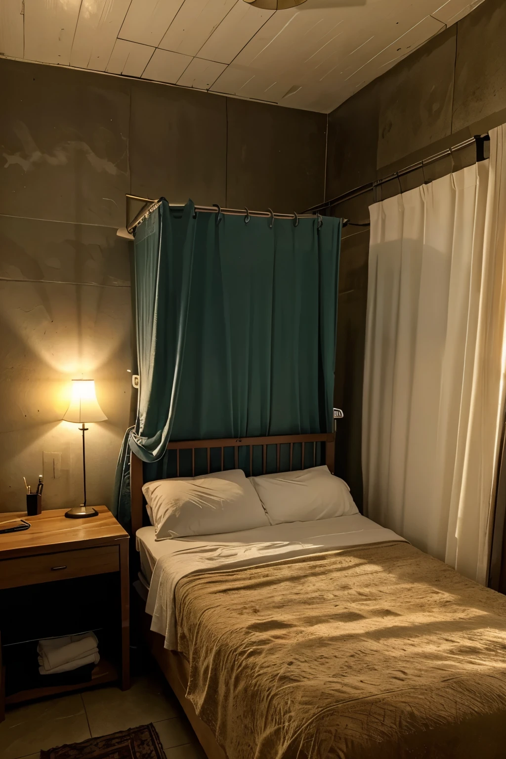 There is a small curtain hanging at the entrance of the room. As you enter, immediately to the right, there is a simple shower and toilet. Additionally, a long makeshift bed is placed horizontally against the far wall. In front of it, on the right wall, there is a long two-tier hanger connected to the ceiling. On the left wall in front of this, there is a desk with an old laptop on it.