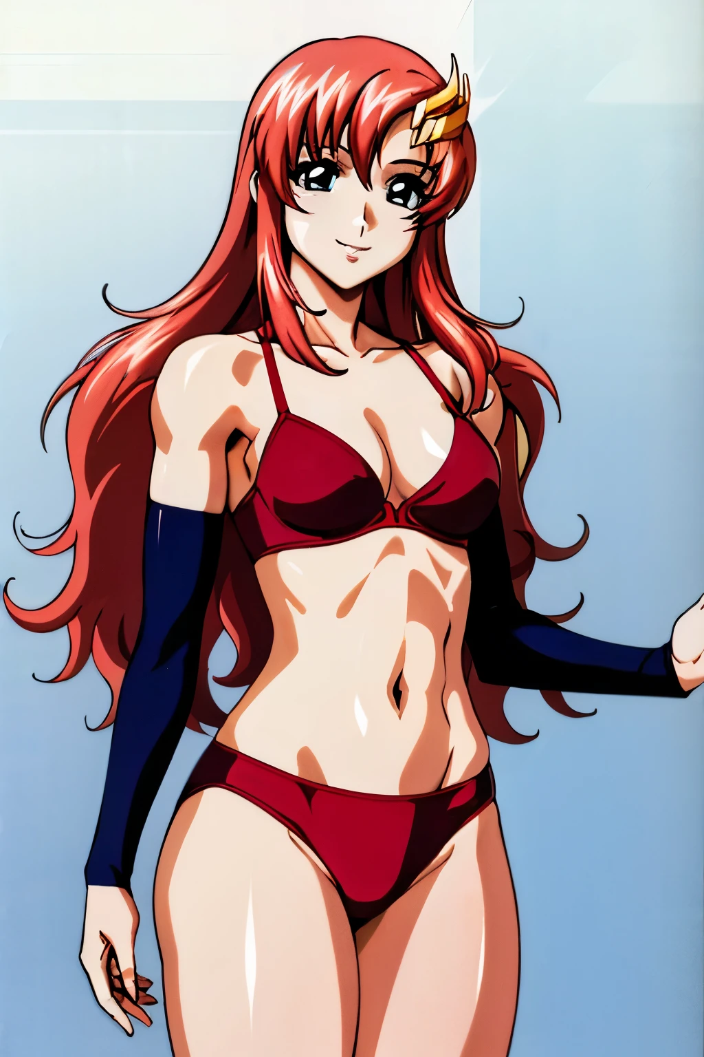 lacus4, (red bikini, arm band, long sleeves, masterpiece, standing straight, very slim shoulders, 4K, Best Quality, Anime style: 1.9, happy, Adult Woman, (ultra detailed head), (gym), Drawing lines, high resolution, lacus4), 1girl, Solo, curvy figure, Long hair, clavicle, scapular, (Detailed wide hair bangs, Hair Ornament, Detailed reddish-pink hair, shiny streaks, slim arms, detailed golden crest), cleavage, large hands, (hair cover shoulders). (Big blue eyes, shiny eyes), ((slim body, slim arms)), ((perfect proportions, medium-small breasts, long belly, very little biceps)), ((totally red bra, neck band,))), smile, (hot colors), detailed fingers, (bare shoulders)
