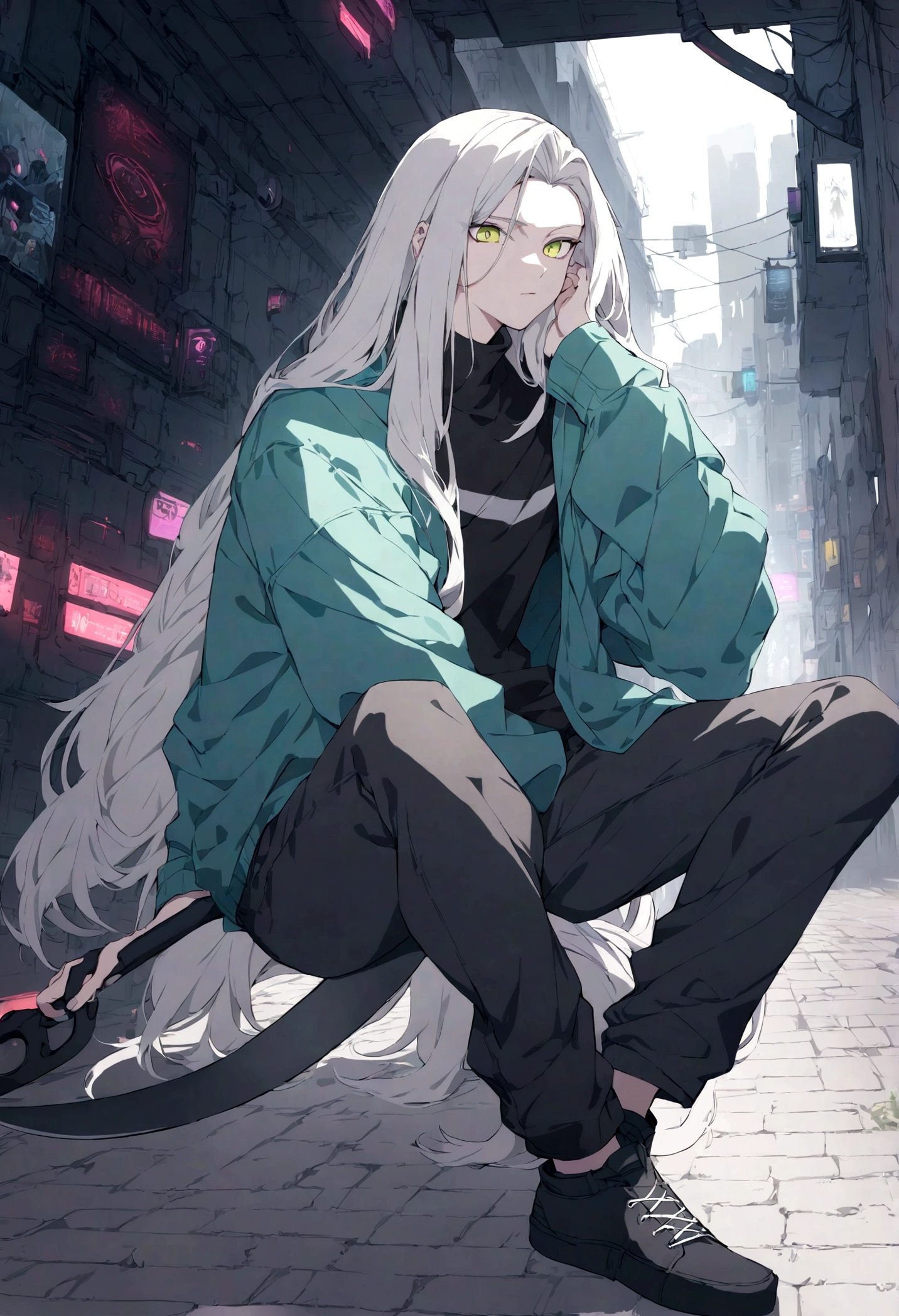 long hair,male, Scythe, Secret Two Tone, cyberpunk, Casual, Madness