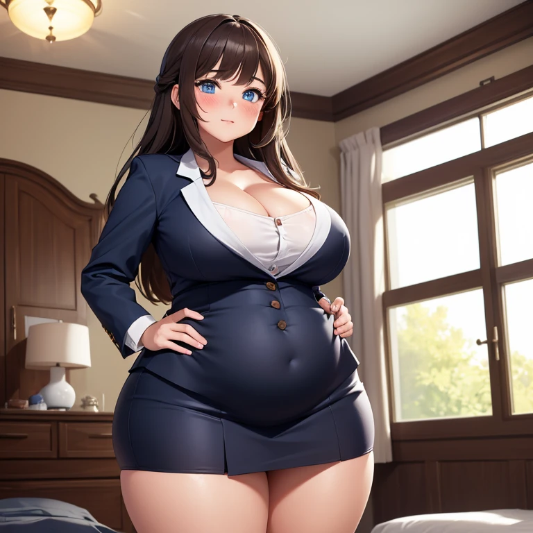 ((High resolution)), masterpiece, high quality, 最high quality, beautiful, Perfect lighting, Detailed face, Super cute face,, ((One girl)), ((alone)), Fluffy hair, Long Hair, blue eyes, ((blush)), Embarrassing, Nervous, shy, View Viewer, ,suit,skirt,tights, (Thick thighs), (Wide Hips), ((Chubby)), (Chubby belly), Cleavage, ((Big Breasts)), 20-year-old female, standing in a bedroom, (bedroom), Daytime,((chubby))