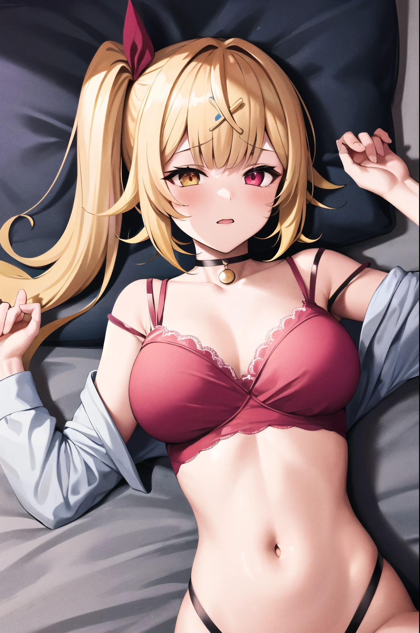A boy has sex with a girl in the missionary position,masterpiece, highest quality, High resolution, hs1, Red eyes, Yellow Eyes, Side Ponytail, x Hair accessories,Pink bra,Hair Ribbon, abdomen,,Cowboy Shot,bed,sleep,Lying on your back,Ahegao