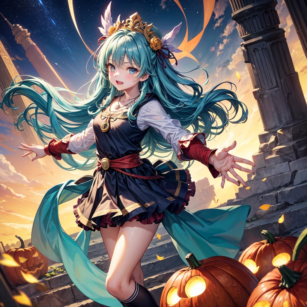 Aqua blue hair、Golden Eyes、Braid、One good looking girl、solo、anime、Checkered mini skirt、Ruffles on the skirt、Red T-shirt、Cape、Gothic、Black knee-high socks、bandana、Fluffy clothes、Wearing a ribbon、Ribbon on waist、Tilting face、Teeth are visible、Sunset sky、Piercing the clouds、Contrail、lotus leaves、Cumulonimbus、Pillar of Light、candle fire、Silver coin necklace、A world of light、Spreading his arms for balance、Pumpkin hat、shine、From above