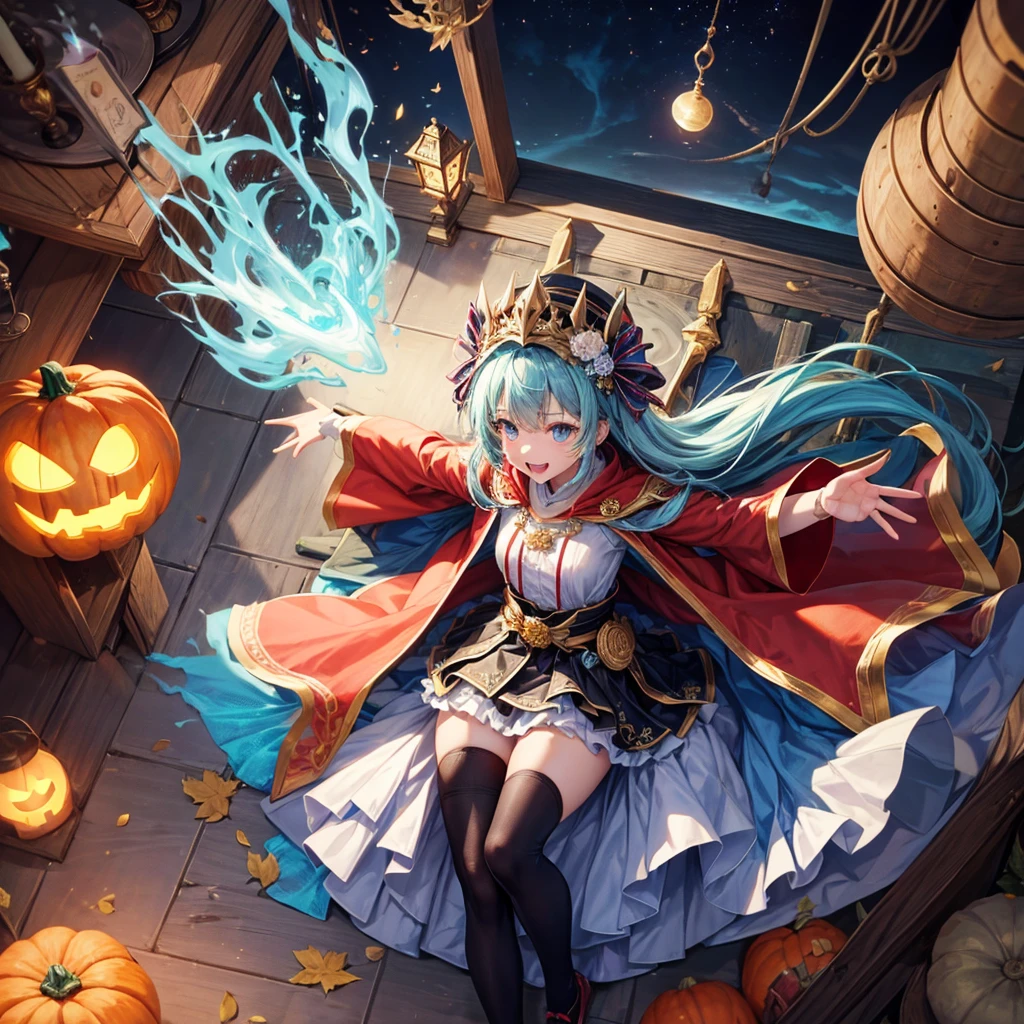 Aqua blue hair、Golden Eyes、Braid、One good looking girl、solo、anime、Checkered mini skirt、Ruffles on the skirt、Red T-shirt、Cape、Gothic、Black knee-high socks、bandana、Fluffy clothes、Wearing a ribbon、Ribbon on waist、Tilting face、Teeth are visible、Sunset sky、Piercing the clouds、Contrail、lotus leaves、Cumulonimbus、Pillar of Light、candle fire、Silver coin necklace、A world of light、Spreading his arms for balance、Pumpkin hat、shine、From above