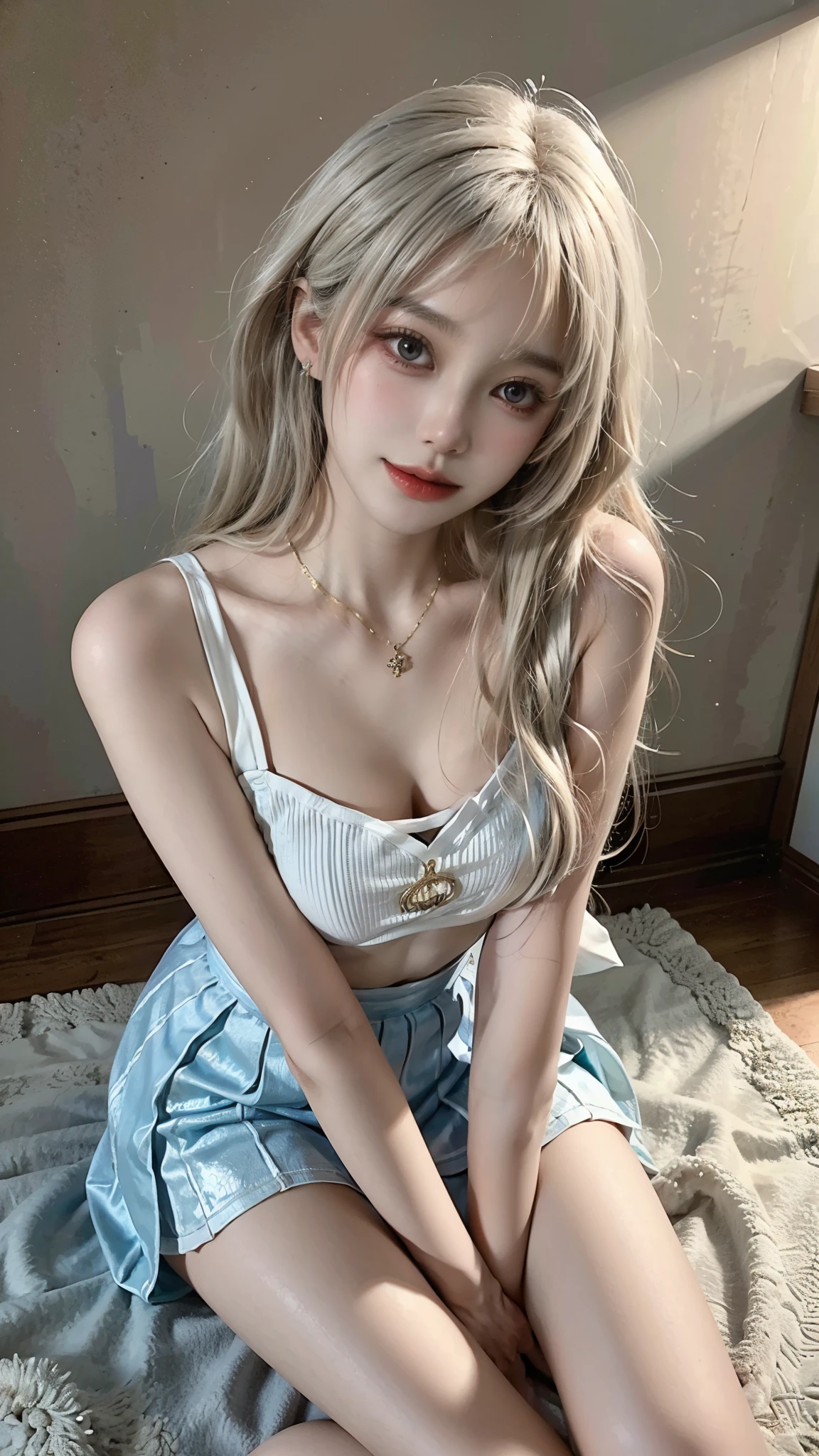 ((from above)), ((whole body)), ((Sitting)), ((The skirt is short, Sexy long legs)), ((Bare shoulders)),Asian female model, Young beautiful girl, Random scenes, Striking an elegant pose, Charming pose, Heat and cold, Blonde Hair, curls, Messy long hair, Beautiful and delicate eyes, Full breasts, slim body, Warm Lights, Warm colors, masterpiece, Best quality, Official Art, Rich details, Clear face, Professional lighting, Physically Based Rendering, earrings, necklace, Light makeup, Pure Desire, Sexy, Correct limbs, Anatomically correct