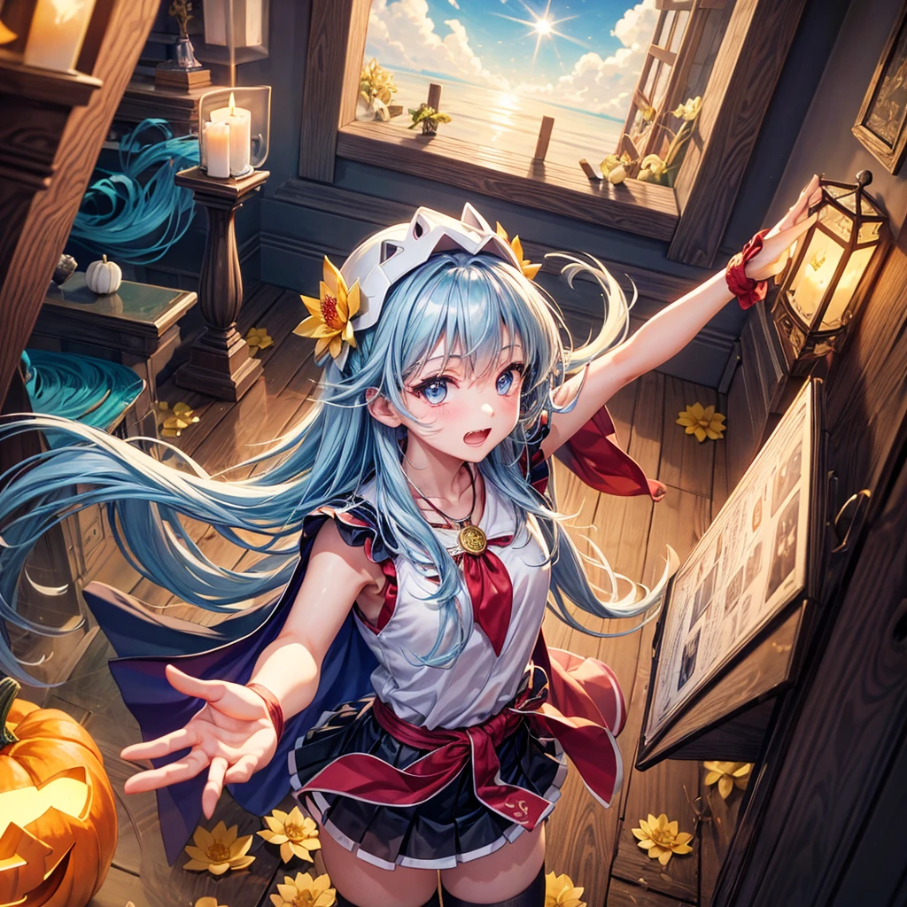 Aqua blue hair、Golden Eyes、Braid、One good looking girl、solo、anime、Checkered mini skirt、Ruffles on the skirt、Red T-shirt、Cape、Gothic、Black knee-high socks、bandana、Fluffy clothes、Wearing a ribbon、Ribbon on waist、Tilting face、Teeth are visible、Sunset sky、Piercing the clouds、Contrail、lotus leaves、Cumulonimbus、Pillar of Light、candle fire、Silver coin necklace、A world of light、Spreading his arms for balance、Pumpkin hat、shine、From above