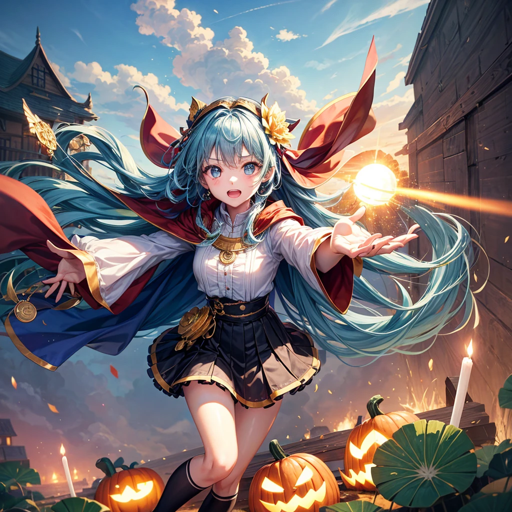 Aqua blue hair、Golden Eyes、Braid、One good looking girl、solo、anime、Checkered mini skirt、Ruffles on the skirt、Red T-shirt、Cape、Gothic、Black knee-high socks、bandana、Fluffy clothes、Wearing a ribbon、Ribbon on waist、Tilting face、Teeth are visible、Sunset sky、Piercing the clouds、Contrail、lotus leaves、Cumulonimbus、Pillar of Light、candle fire、Silver coin necklace、A world of light、Spreading his arms for balance、Pumpkin hat、shine、From above