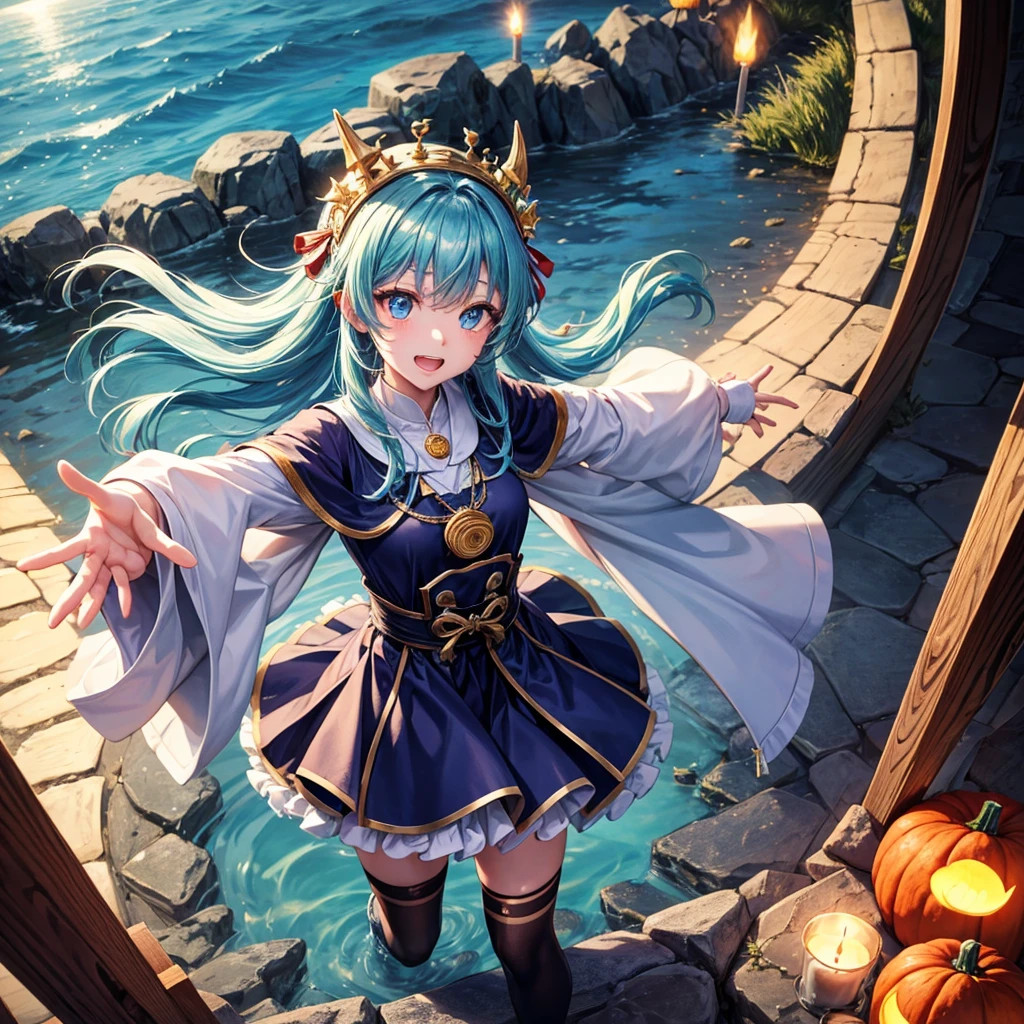 Aqua blue hair、Golden Eyes、Braid、One good looking girl、solo、anime、Checkered mini skirt、Ruffles on the skirt、Red T-shirt、Cape、Gothic、Black knee-high socks、bandana、Fluffy clothes、Wearing a ribbon、Ribbon on waist、Tilting face、Teeth are visible、Sunset sky、Piercing the clouds、Contrail、lotus leaves、Cumulonimbus、Pillar of Light、candle fire、Silver coin necklace、A world of light、Spreading his arms for balance、Pumpkin hat、shine、From above