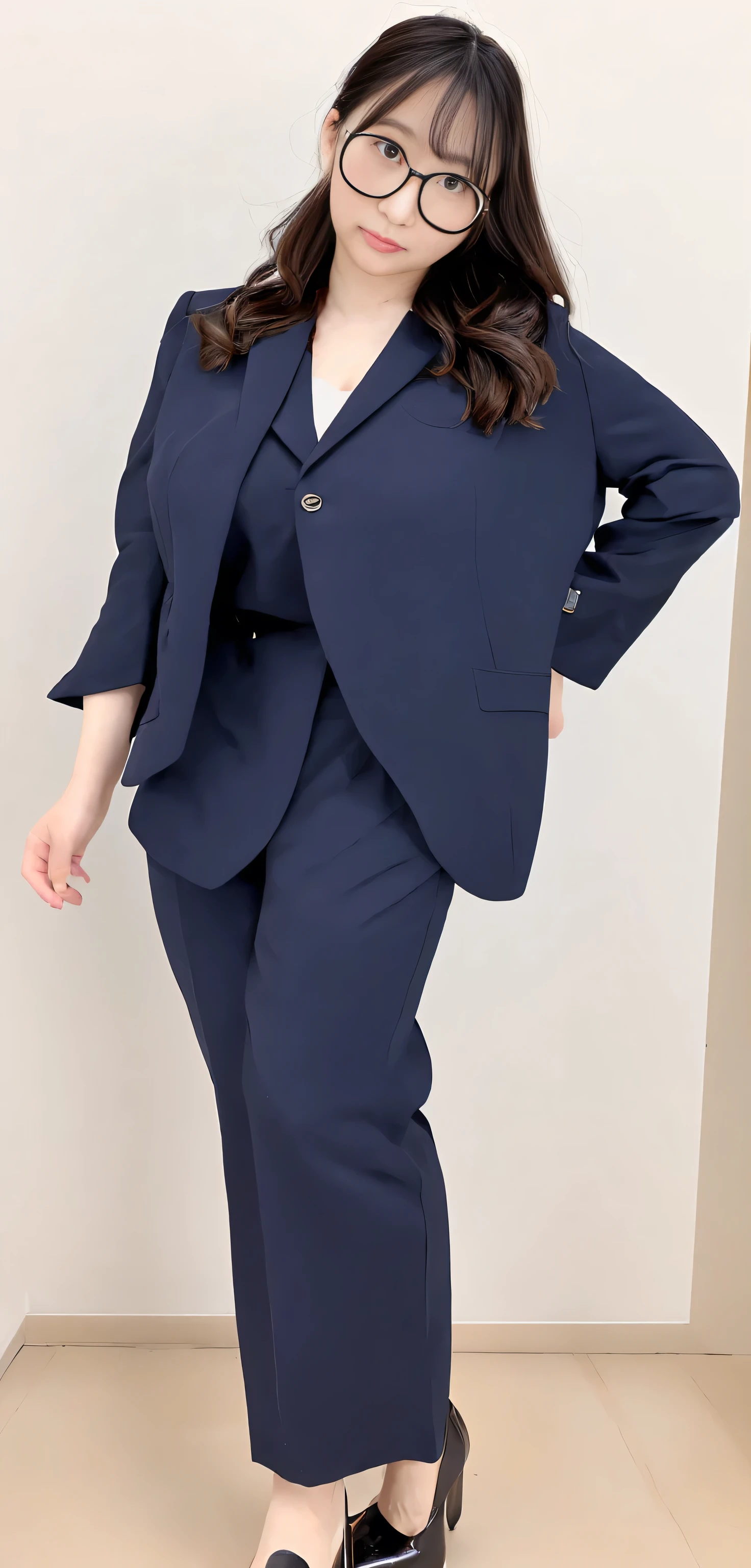Japanese ID, Mature Woman, ((Chubby round face around 30 years old)), Glasses, Wavy black hair with no bangs, Long Hair:1.65, Big twin ponytail:1.79, Flashy makeup, Fuller lips, Sexy Gaze, Cute Uniform, ((dressing)), looking at the camera, Low angle shooting, Cute duck lips,((Very accurate and correct anatomy)), (masterpiece:1.3), Perfect balance, Realistic photos, Full Shot, whole body, ((height: 168cm)), High heels, loafers, (2 Foot, Two Arms), ((Panty shot)),Big Breasts:1.5