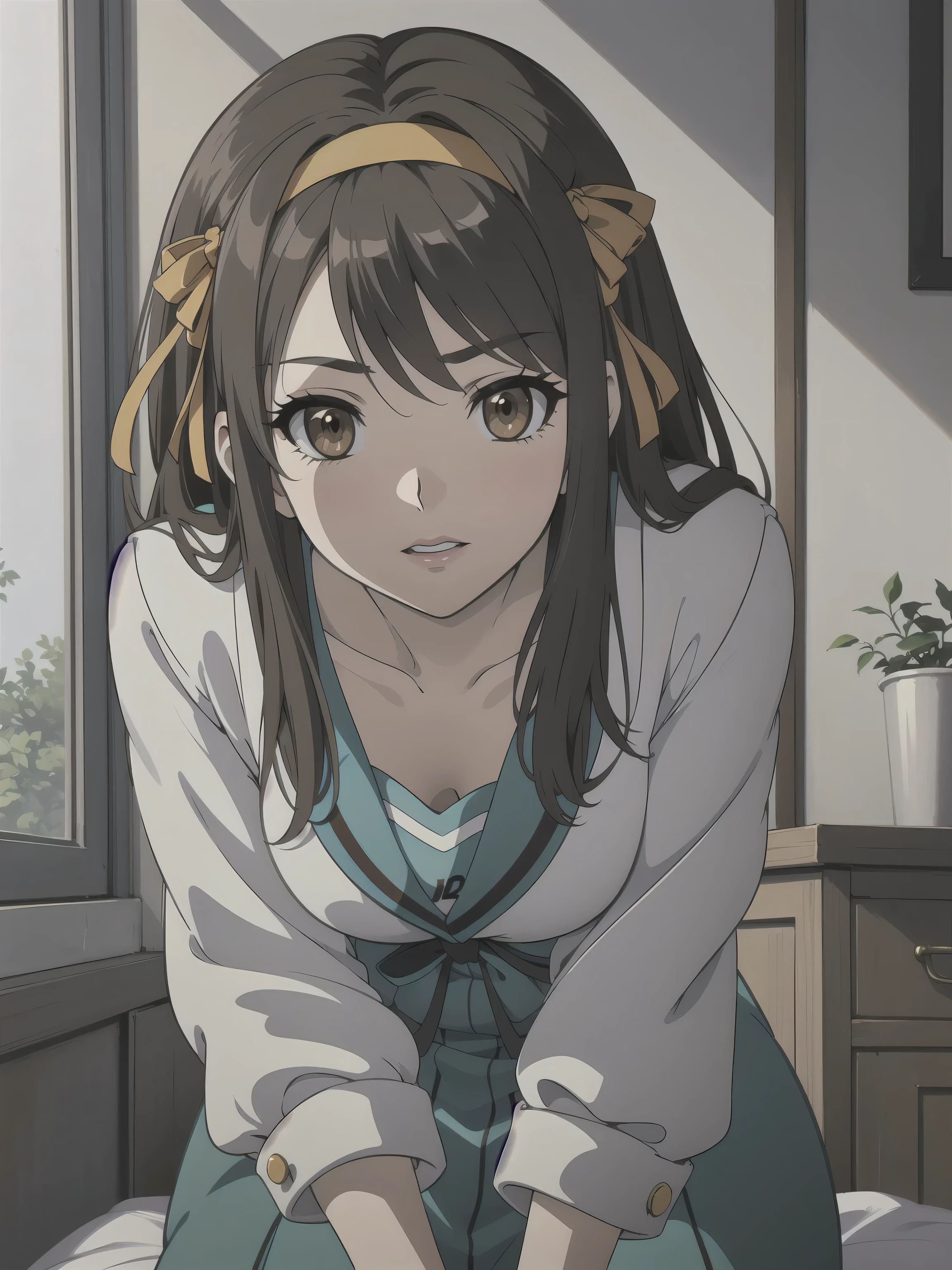 (A superb exquisite haruhi suzumiya), (haruhi suzumiya:1.5), brown eyes, brown hair, natural straight hair, hairband, ribbon, straight bangs, solo, nature, extremely delicate, straight facial features, peerless beautiful girl, soft, (sensual face), ((ecchi face)), dreamy quality, exaggerated facial features, solid color, frank holly, delicate face, bright lips, slender waist, soft curves, real light and shadow, super fine, 4k, natural moving, Ultra high resolution, (masterpiece:1.2, best quality), (finely detailed beautiful eyes: 1.2), (beautiful detailed face), sexy nude model, sexy pose, (large chest), (Perfect Body Proportions), (bedroom), Mekosuji, Spread your legs a little and show off your crotch,