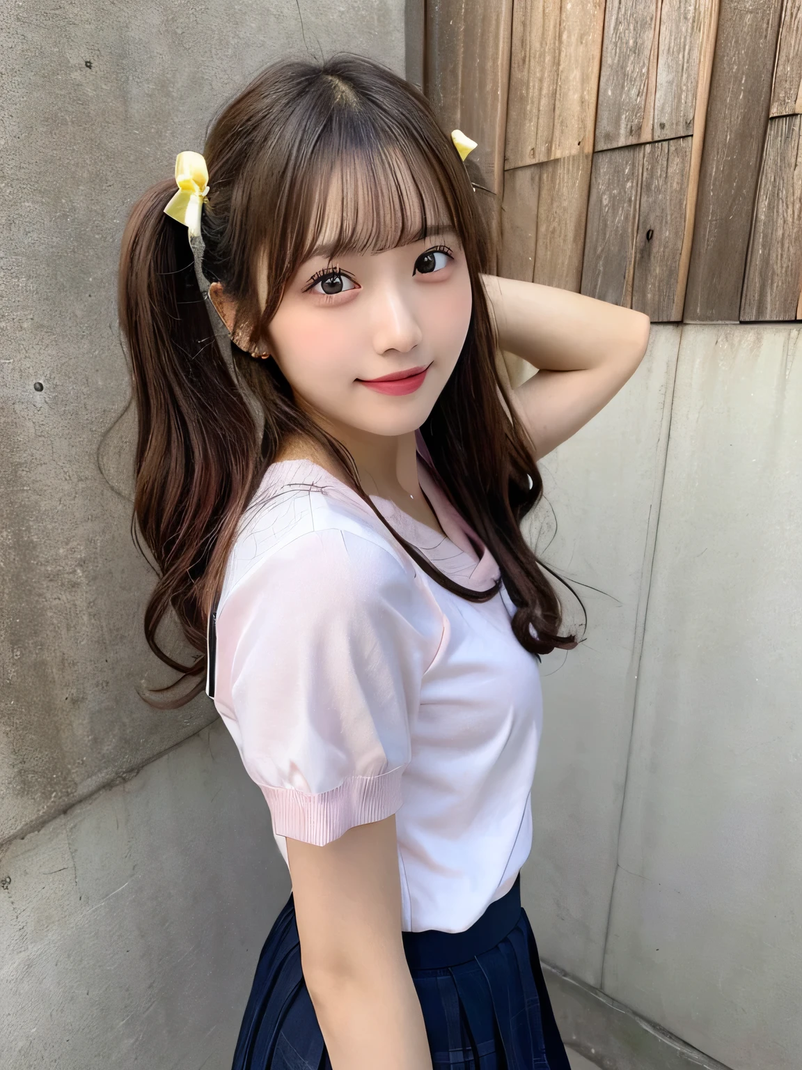 highest quality、figure、Back view、Show your back、The face is facing straight ahead、Stick your butt out、sexy、Ultra-detailed、High resolution、8k wallpaper、Perfect dynamic composition,、Beautiful fine details、Natural color lip、Bold sexy pose、smile、16-year-old girl、cute、Sexy shot looking at the camera、(highest quality: 1.3), (masterpiece: 1.3), (Super Detail: 1.3), (One Girl: 1.1), (Detailed hands and fingers:1.2)、(Ultra-oily, lustrous skin with attention to detail:1.1)、Oily、(The perfect school girl uniform:1.3)、Short-sleeved shirt with front opening、Cleavage、sexy、(Beautiful shapely small breasts:1.3)、(Pink mini skirt:1.2)、I can see your thighs、Brown Hair、Twin tails、Beautiful sister、Yellow wall,sexy、I can see your thighs、
