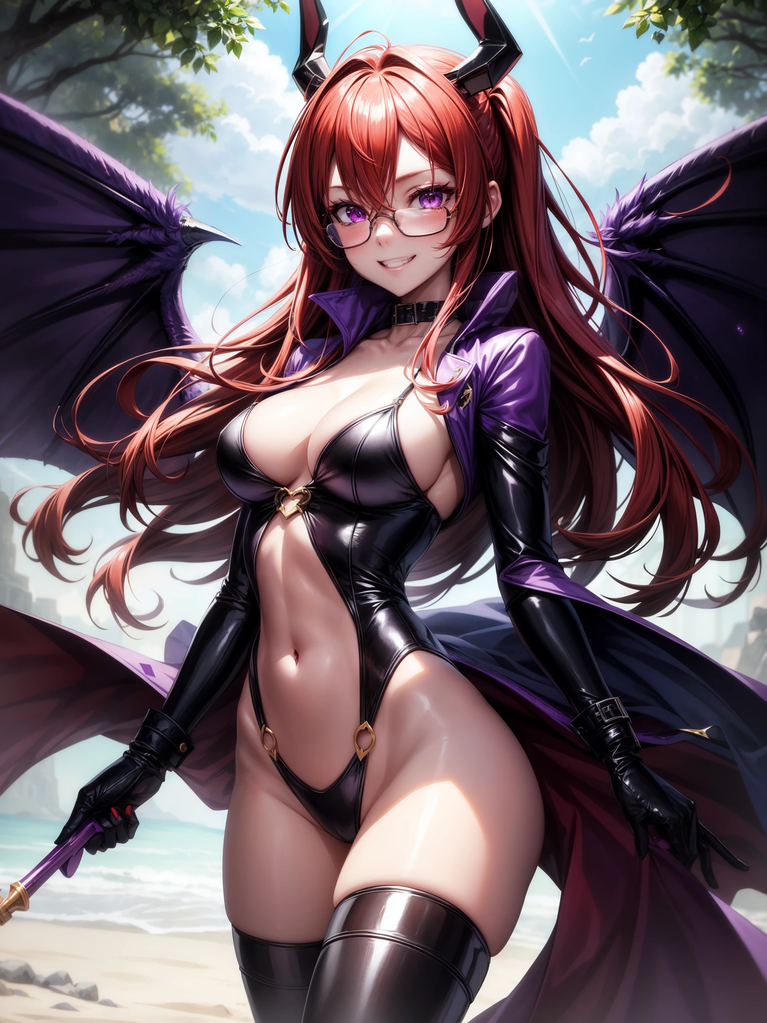 score_9, score_8_up, score_7_up, BREAK source_anime, rating_safe, best quality, masterpiece, uncensored,high-detailed,4k ,,break
lucifer, red hair, fang,  reverse bunnysuit, wing, grin, purple sunglass,  tinted eyewear, purple eyes, purple jacket, navel, blush,