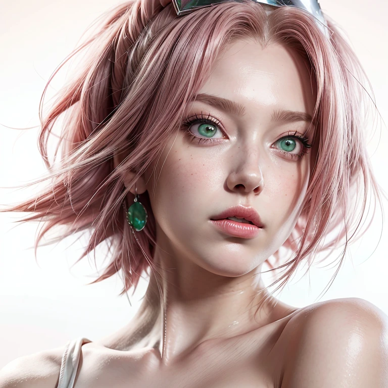 young woman, short shoulder-length pink hair, wide forehead, porcelain skin, pink eyebrows, big emerald green eyes, buttoned nose, full lips, heart-shaped face, slender body, small breasts, red tank top, Sakura Haruno , realistic, realism, details, 3d, well detailed
