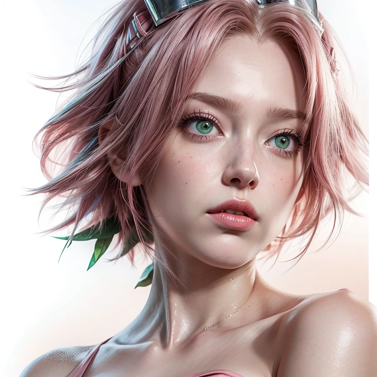 young woman, short shoulder-length pink hair, wide forehead, porcelain skin, pink eyebrows, big emerald green eyes, buttoned nose, full lips, heart-shaped face, slender body, small breasts, red tank top, Sakura Haruno , realistic, realism, details, 3d, well detailed
