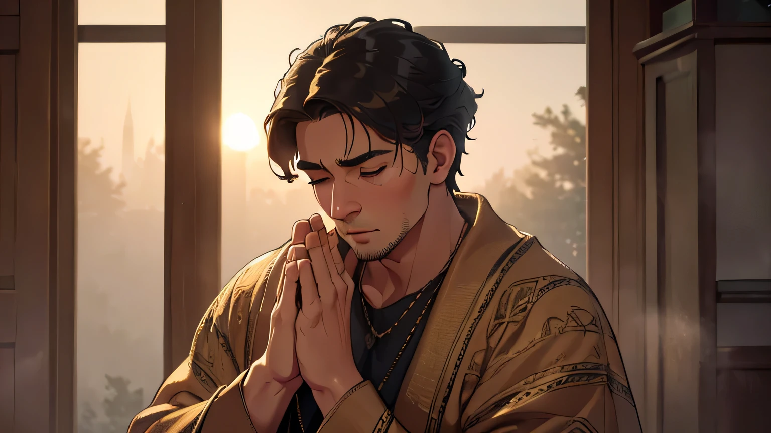 a man praying in the early morning, intricate details, soft warm lighting, detailed face, detailed clothing, peaceful expression, serene environment, mist, fog, shallow depth of field, cinematic, dramatic lighting, golden hour, (best quality,4k,8k,highres,masterpiece:1.2),ultra-detailed,(realistic,photorealistic,photo-realistic:1.37)