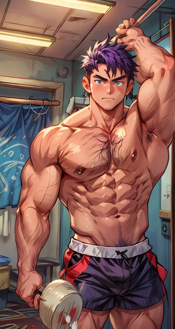 Hands down,Bare chest muscles,Upper body,(masterpiece,The best quality,H),1 person,Naked Man,很shy,My face turns red,shy,muscular,Eyes look at the audience,Nude,(Nude),Blue eyes,No shirt,Upper body,short blue-purple hair,Youthful feeling,young,(Fluorescent lamp),(One color),(蓝色background),Purple Striped Shorts,Thick arms,Broad shoulders,Strong without being bulky,tall and big,Extremely tall,The room looks small to him.,Hairy body,Very big body,Covered with muscles,Very strong,strongman,huge,maximum,Open your arms to your sides,Facial Cleansing,Clean face,Chest muscle expansion,background:A hanger full of clothes
