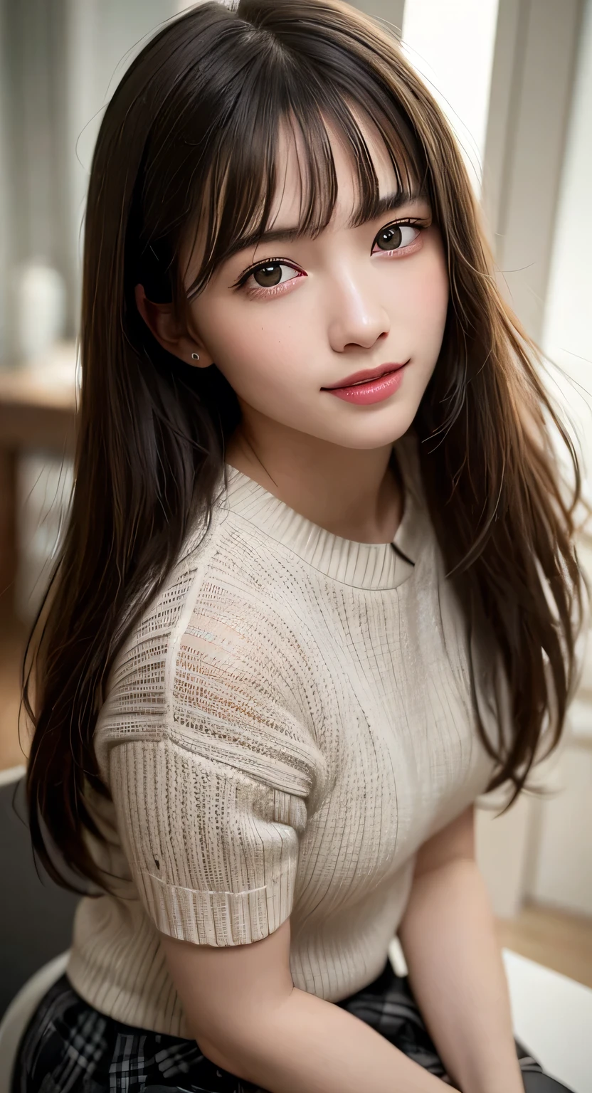 (Realistic、Photorealistic:1.37)、(8K、Raw photo、highest quality、masterpiece:1.2)、cute、Very detailed、Heart shaped eyes、Physically Based Rendering、超A high resolution、Kodak Vision Color、Filmed with an Arricam LT camera、Bokeh、Sharp focus、Watching the audience、Photorealistic、Realistic、alone、Photorealistic、highest quality、Highly detailed face、Highly detailed eyes and face、Beautiful and detailed、An unforgettable smile、Dirty hair、Floating hair、、⦅White knitted clothes⦆、⦅black and white checked mini skirt⦆⦅Random Pause⦆⦅Beautiful legs⦆(Foot fetish)(Shoulder straps are visible)(I can see the valley)⦅Whole body image⦆