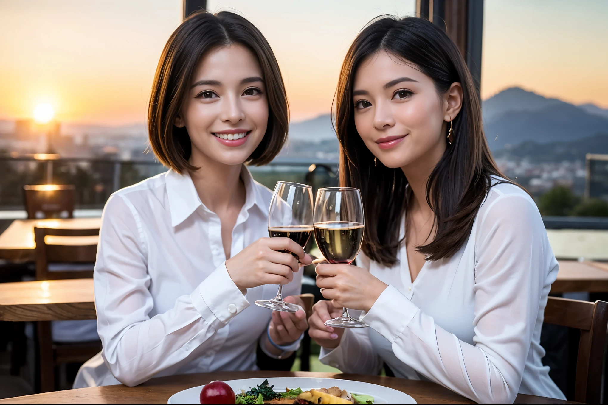 ((highest quality、8k、masterpiece:1.3))、1 male 1 female、Lovers、beautiful couple、Happy Smile、 (Slim face), (The body is スリム), (Brown Hair), (Shortcuts), ((Bob Hale、Straight hair:1.2)), テーブルの上のwine glass、Please put light on my face、 Amazing view of the sunset sky and clouds、Amazing mountain views、The wonderfulness of smiles、Bright image、Blushing, Shortcuts,Bright Face、 (5), 39 years old, red wine 、Appetizers、Italian food、Wine bottle、Champagne、sparkling wine、Long sleeve shirt、dress、Attractive beauty、restaurant, Nova Frog Style, actress, model, Upper Body, White wine, red wine, wine glass, 