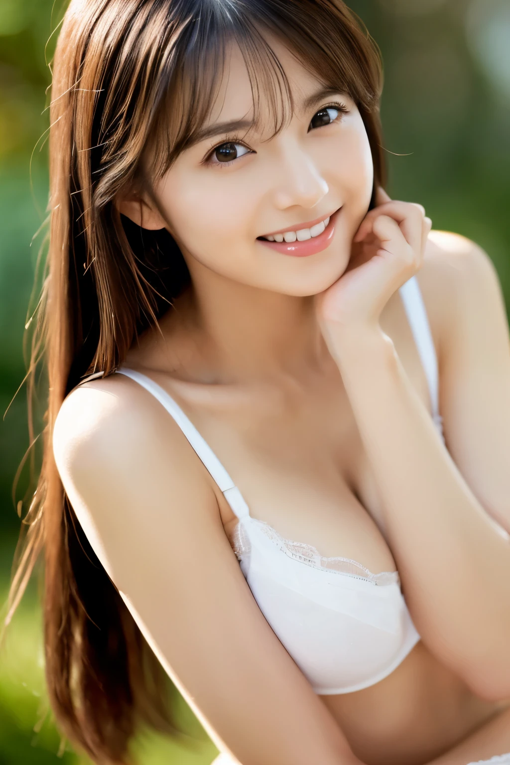 ((Actress Haruna Kawaguchi)),(((Small breasts))),(((Small breasts))),(((Wearing a tiny white bra))),Narrow waist,(((Wearing tiny white panties))),Brown Hair, Straight shoulder-length hair fluttering in the wind), bangs, (((Above the knee,Turn around and show your butt))),Japanese,(((A kind smile))),((Bold Pose)),(Classic Nude),(Calm expression),(Elegant female silhouette),((Browsing Caution)),(Artistic Nude:1.5), ((Photorealistic Stick:1.37)),High-definition CG integrated 8k wallpaper,8k,Gentle lighting,(Headquarters Skin:1.8、Glowing Skin)､Digital SLR、Soft lighting,high quality,(Fujifilm XT),One Girl,Small Face,(((Perfect Anatomy))),No makeup,Open your lips slightly,Firm breasts,(reality: 1.4), Japanese,(とてもCute smile),so beautiful、Beautiful Skin,(Ultra-realistic)、(Professional Lighting)、(Very detailed)、(Beautiful big black eyes)、(Very detailed),Detailed eye depiction,((Big eyes))、Detailed face、Gloss Lip,((Looking at the camera)),Brown Hair,22 years old,Cleavage cutout、、Moist and realistic skin texture、Moisturized lips、Natural Shadows,Browsing Caution,((Cute smile)),(photo reality的:1.4), (reality的:1.3), (Smoother lighting:1.05), (Focus on the face)