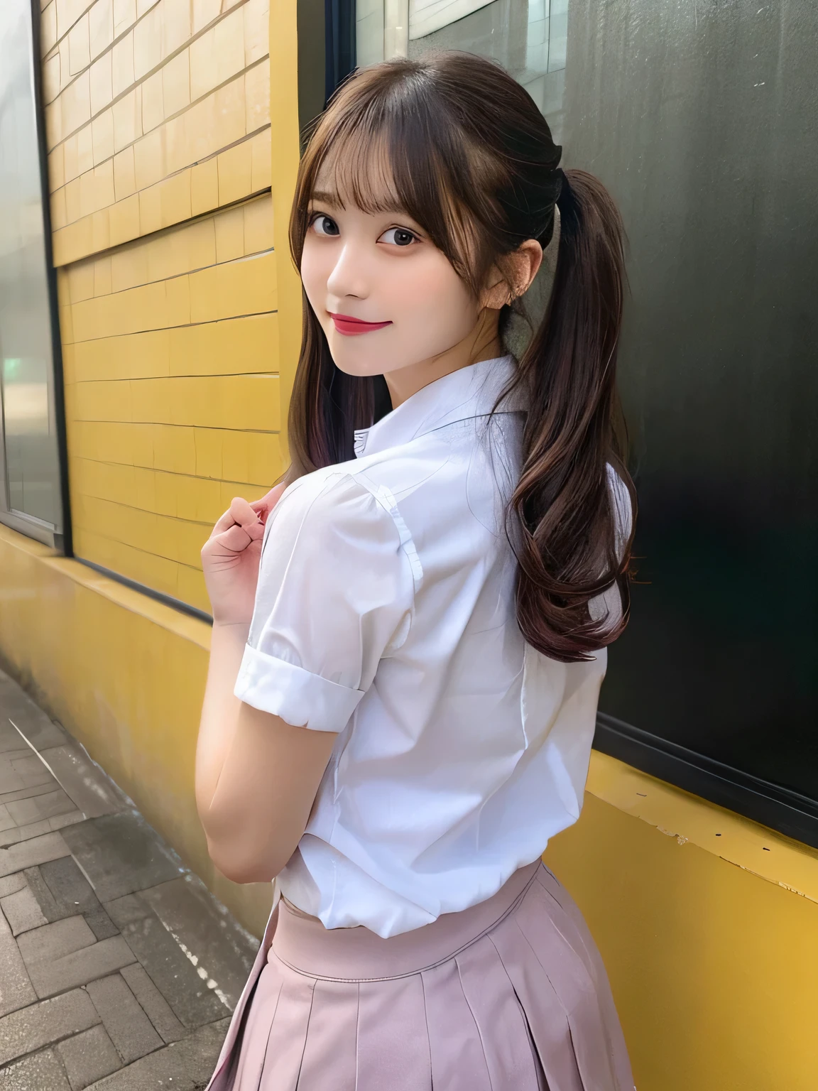 highest quality、figure、Back view、Show your back、The face is facing straight ahead、Stick your butt out、sexy、Ultra-detailed、High resolution、8k wallpaper、Perfect dynamic composition,、Beautiful fine details、Natural color lip、Bold sexy pose、smile、、cute、Sexy shot looking at the camera、(highest quality: 1.3), (masterpiece: 1.3), (Super Detail: 1.3), (One Girl: 1.1), (Detailed hands and fingers:1.2)、(Ultra-oily, lustrous skin with attention to detail:1.1)、Oily、(The perfect school girl uniform:1.3)、Short-sleeved shirt with front opening、Cleavage、sexy、(Beautiful shapely small breasts:1.3)、(Pink mini skirt:1.2)、I can see your thighs、Brown Hair、Twin tails、Beautiful sister、Yellow wall,sexy、I can see your thighs、