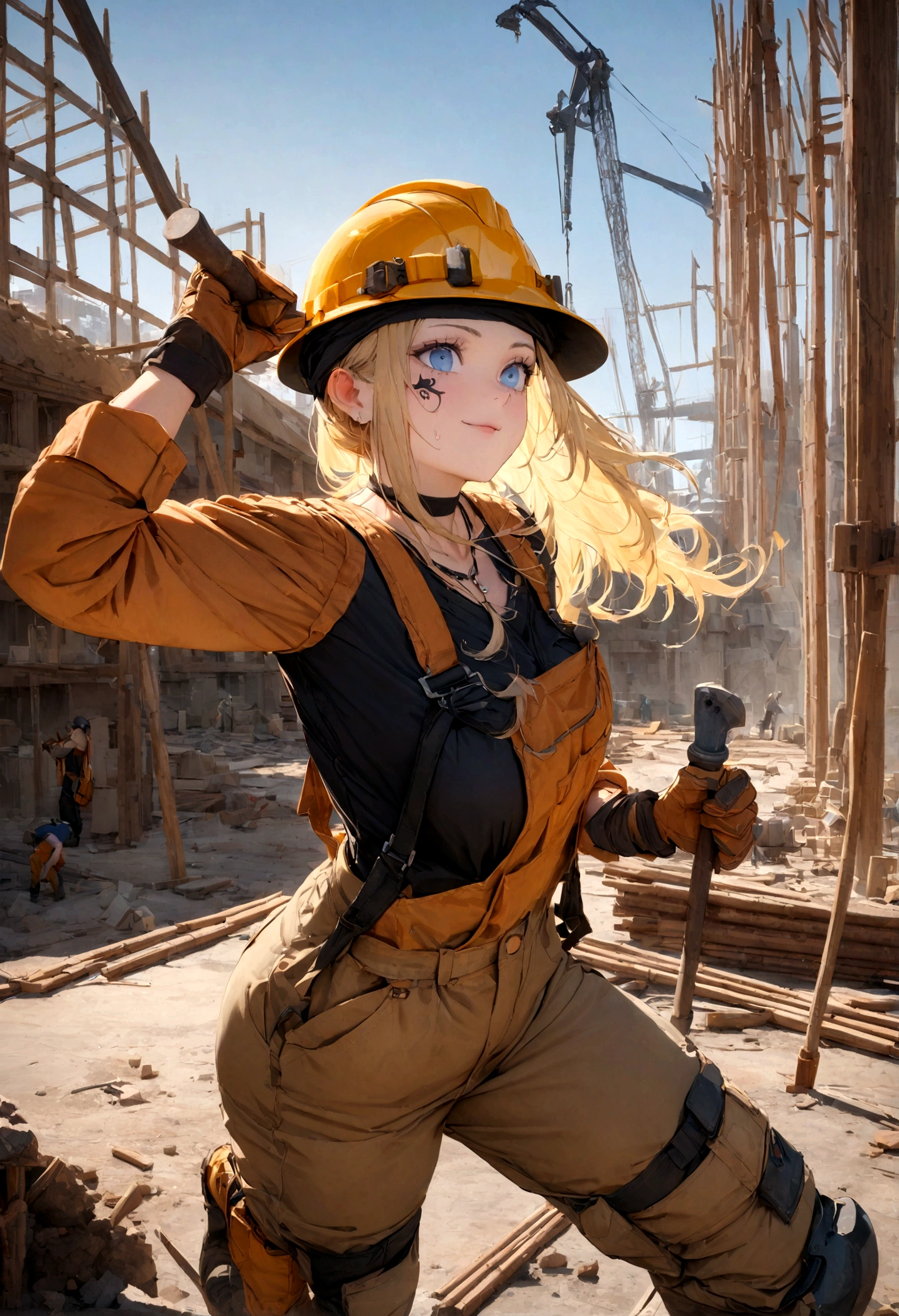 (masterpiece:1.2), (highest quality), (Super detailed), (8k, 4K, complicated),(Very detailed:1.2),(Detailed face:1.2), (Very detailed background of construction site wth rebar and cranes),(Portraiture),Detailed landscape,(Action pose:1.2),Cinderella 1 person, alone, Blonde Hair, Avert your eyes from the audience, dress, blue eyes, black choker necklace, carpenter, Carpentry, Construction worker, Contractor, Pause in action, work pose, hammer, framing hammer, posed hammering a nail
Cinderella portrayed as a Construction worker, she is hammering a nail into a lumber structure, dressed in carpenters attire, Blue long sleeve, Loose-fitting cargo pants, suspenders, Tools in your pocket, Safety goggles, Work gloves, Wearing a helmet/Safety helmet, Durable work boots, Knee pads, bandana, A rat-themed tattoo is visible., Sweat from the forehead, smile of determination, Work on construction sites, Tools and machines are visible, Curvy, beautiful