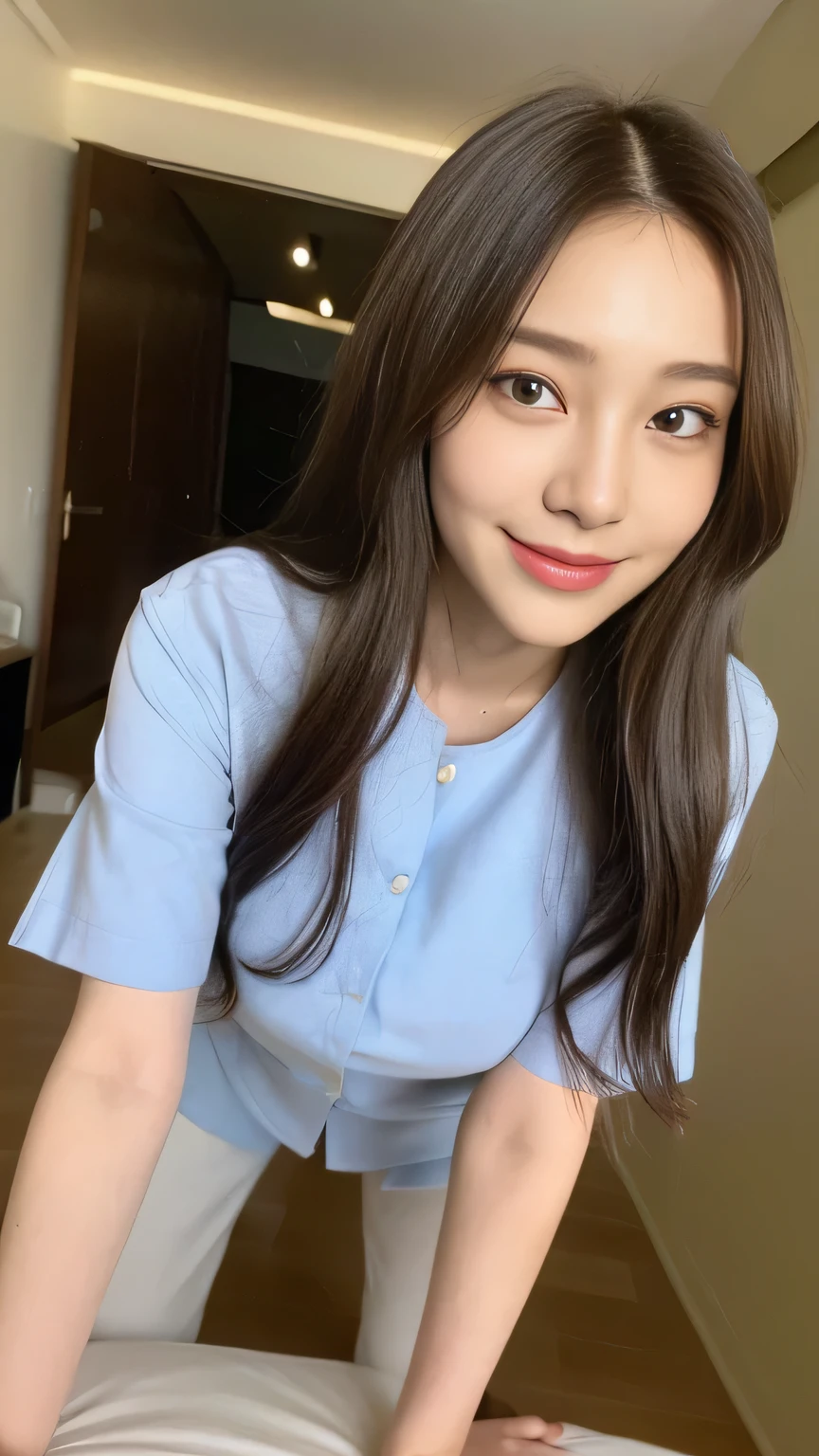 seed:2020674263.((Full body angle:1.1)).((highest quality, 8K, masterpiece:1.3)), ((from below:1.1)).concentrated:1.2, Perfect body beauty:1.4, Hips:1.2, ((Delicate Hair)), (Colorful button-through crop shirt :1.1) , ((highest quality、8K、masterpiece:1.3))、1 Girl、A sloppy smile、Esbian all over、Slim face、Big Boobs、Beautiful woman、(Dark Brown Hair)、Long Hair、1.1、Flickering Valley、Detailed eyes、double eyelid、Blurred Background、超Slim face、Smile、Looking down、stroll、