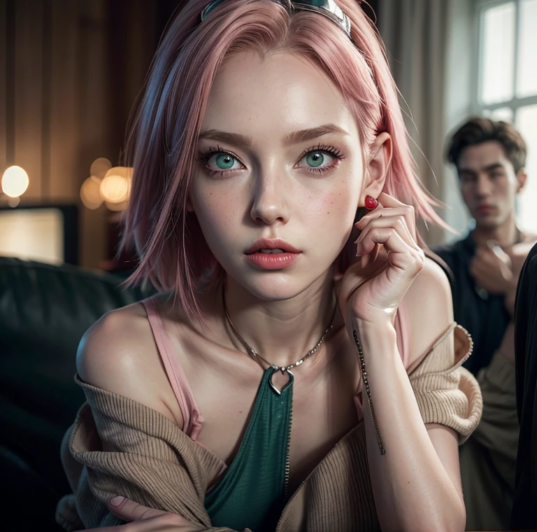 young woman, short shoulder-length pink hair, wide forehead, porcelain skin, pink eyebrows, big emerald green eyes, buttoned nose, full lips, heart-shaped face, slender body, small breasts, red tank top, Sakura Haruno , realistic, realism, details, 3d, well detailed