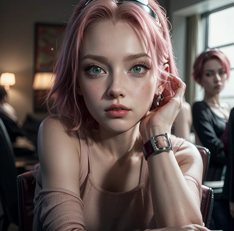 young woman, short shoulder-length pink hair, wide forehead, porcelain skin, pink eyebrows, big emerald green eyes, buttoned nose, full lips, heart-shaped face, slender body, small breasts, red tank top, Sakura Haruno , realistic, realism, details, 3d, well detailed